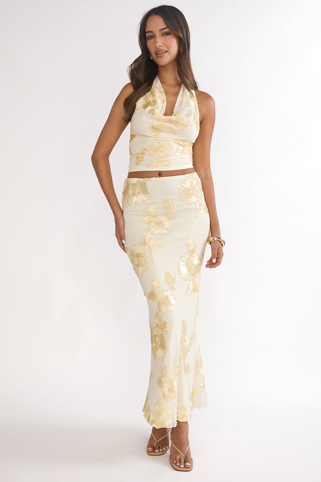 Golden Hours Cowl Halter Top Embellished Yellow by Selfie Leslie Australia