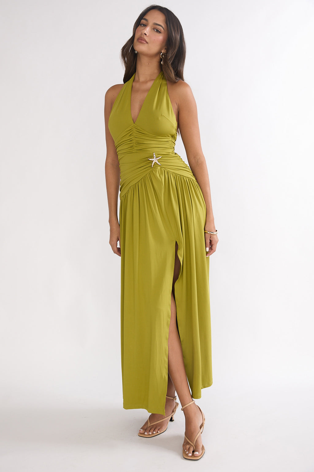 Nightbloom Ruched Waist Halter Maxi Dress Olive by Selfie Leslie Australia