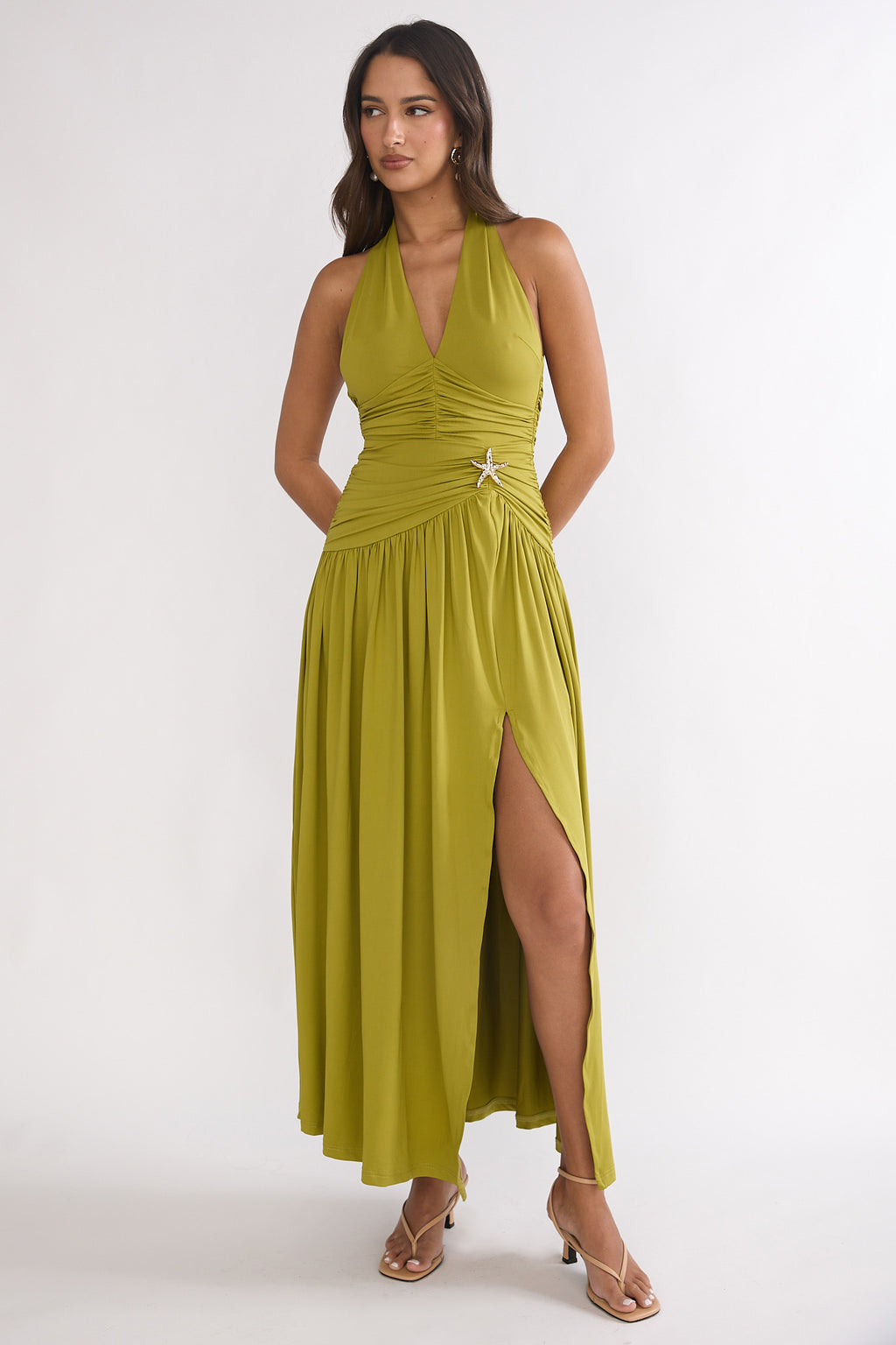 Nightbloom Ruched Waist Halter Maxi Dress Olive by Selfie Leslie Australia