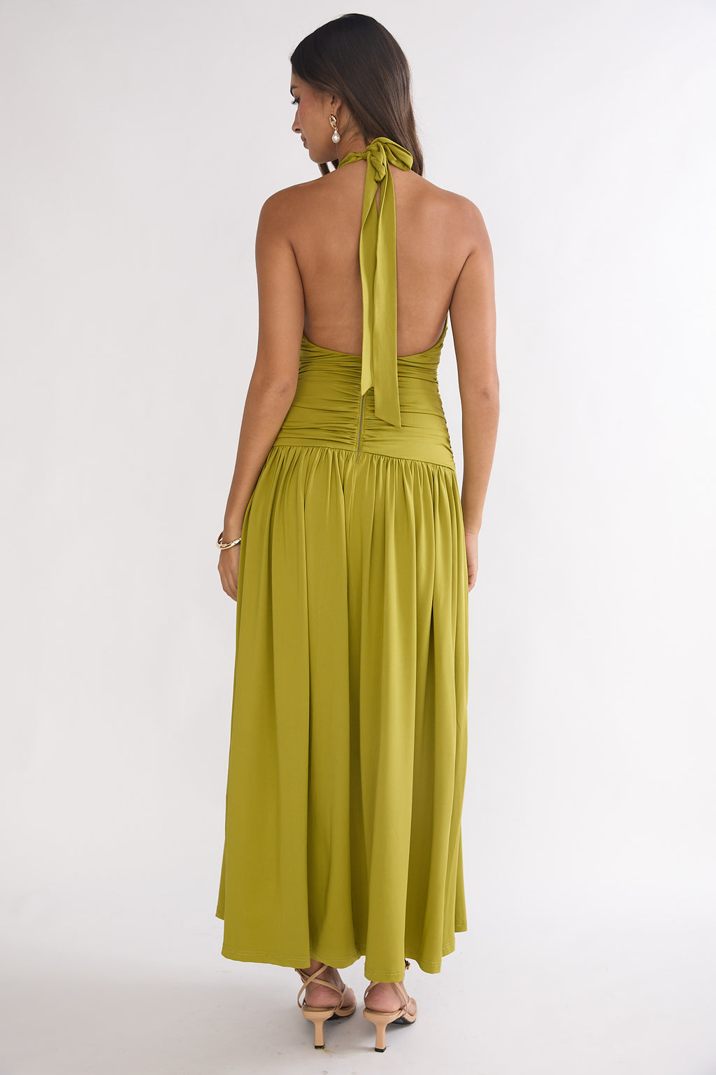 Nightbloom Ruched Waist Halter Maxi Dress Olive by Selfie Leslie Australia