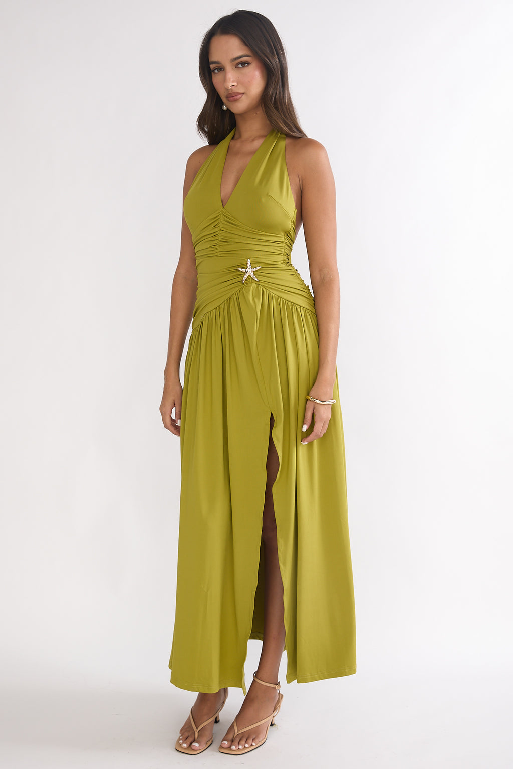 Nightbloom Ruched Waist Halter Maxi Dress Olive by Selfie Leslie Australia