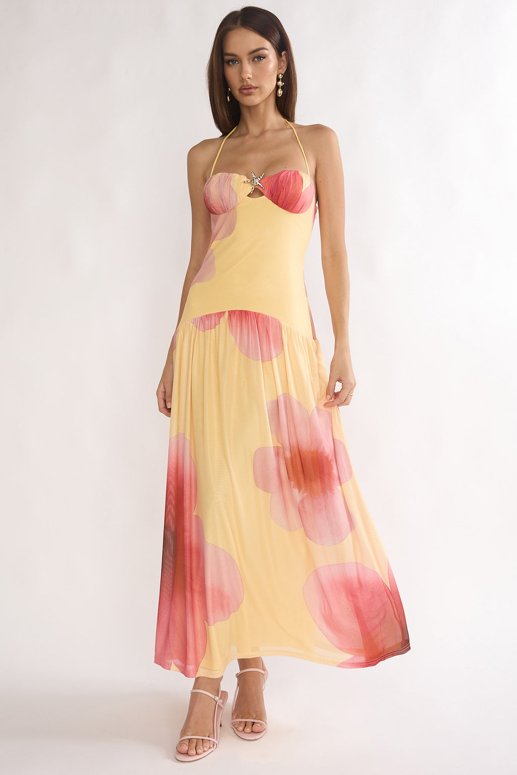 Justyne Drop Waist Halter Maxi Dress Floral Yellow by Selfie Leslie Australia