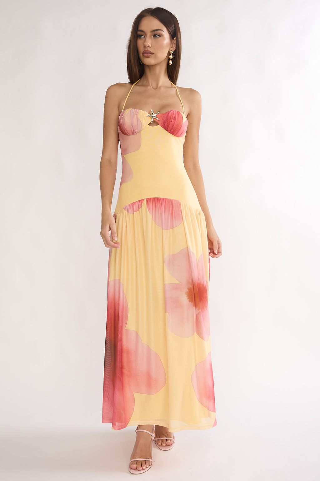 Justyne Drop Waist Halter Maxi Dress Floral Yellow by Selfie Leslie Australia