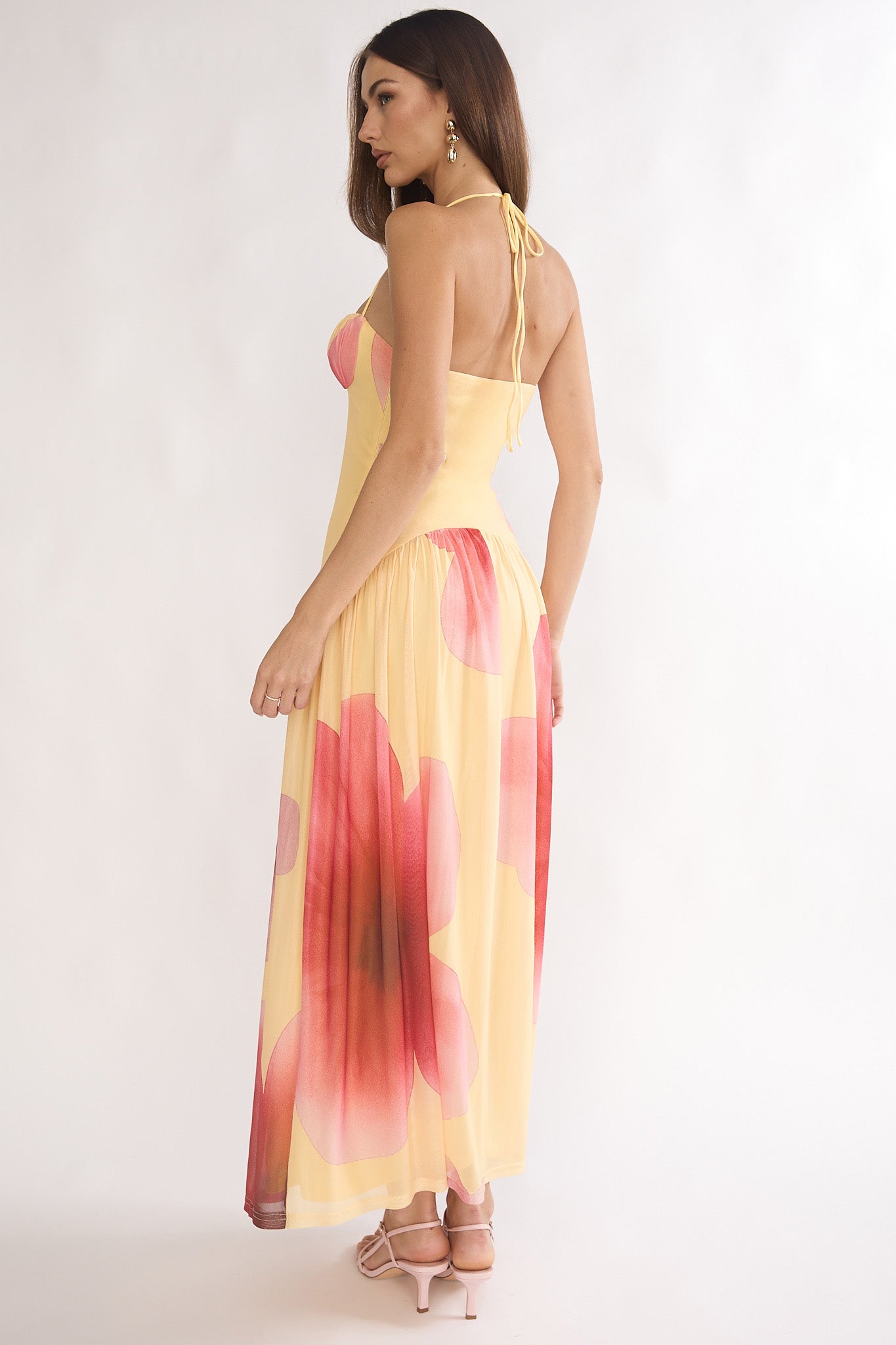 Justyne Drop Waist Halter Maxi Dress Floral Yellow by Selfie Leslie Australia