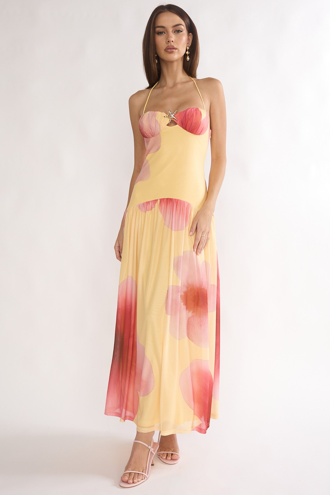 Justyne Drop Waist Halter Maxi Dress Floral Yellow by Selfie Leslie Australia