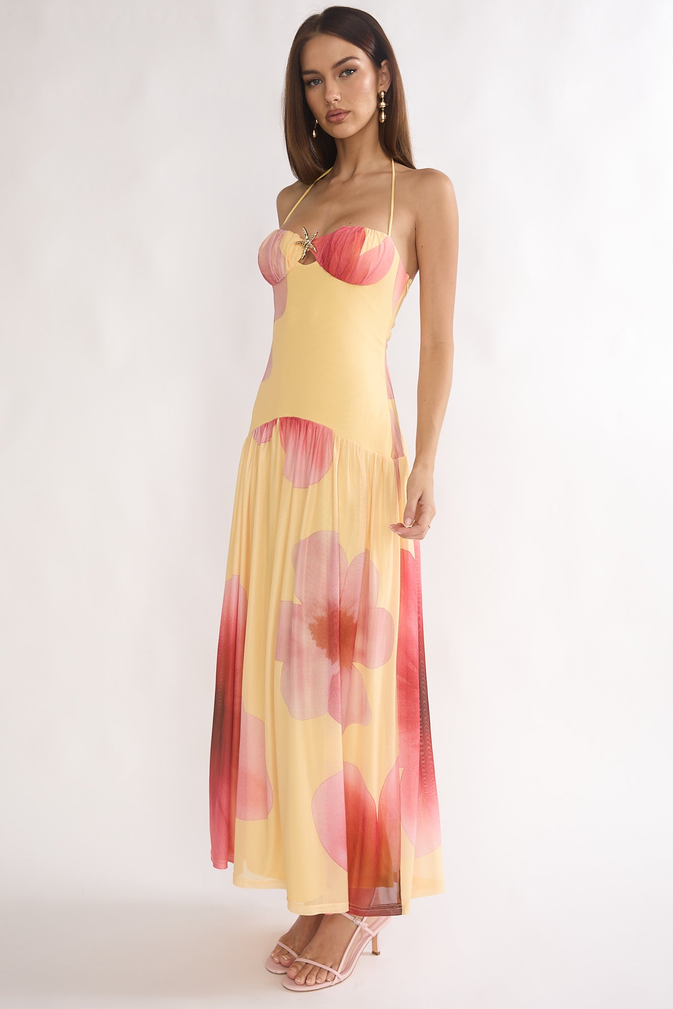 Justyne Drop Waist Halter Maxi Dress Floral Yellow by Selfie Leslie Australia