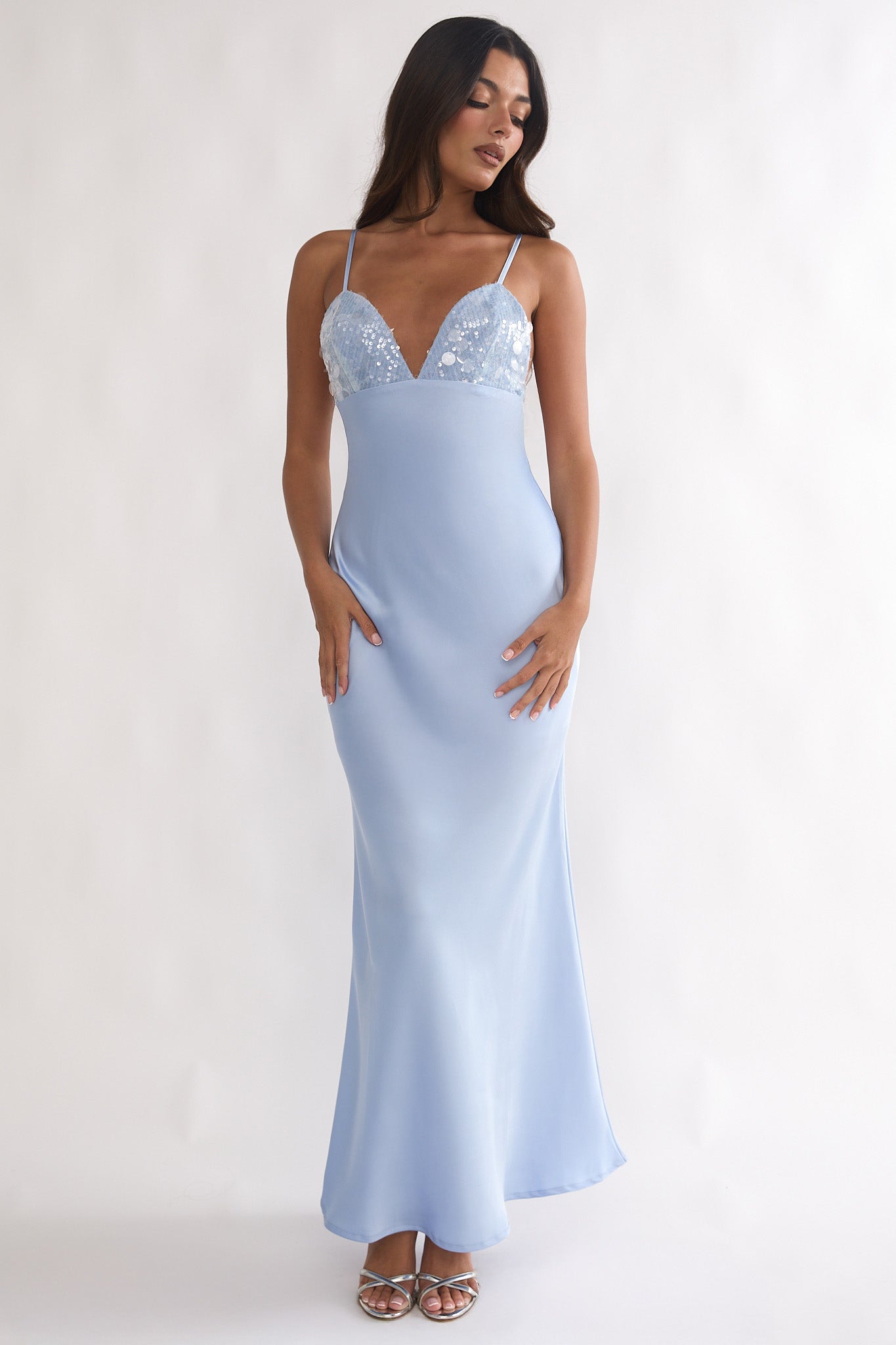 Brynn Sequin Bust Open Back Maxi Dress Blue by Selfie Leslie Australia