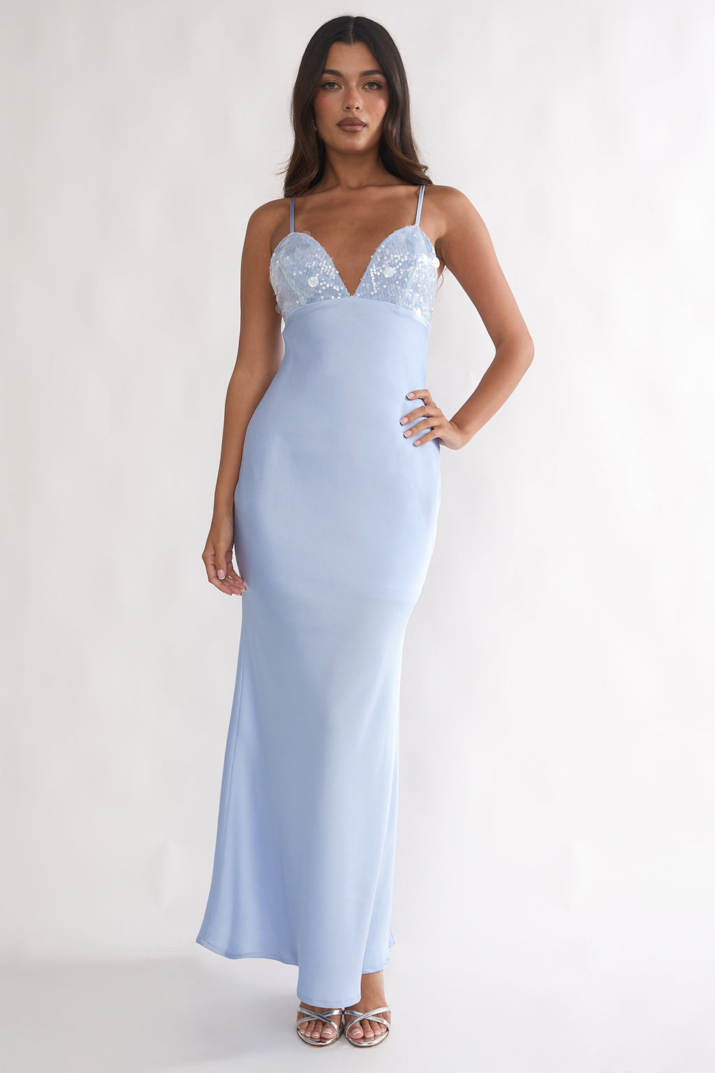 Brynn Sequin Bust Open Back Maxi Dress Blue by Selfie Leslie Australia