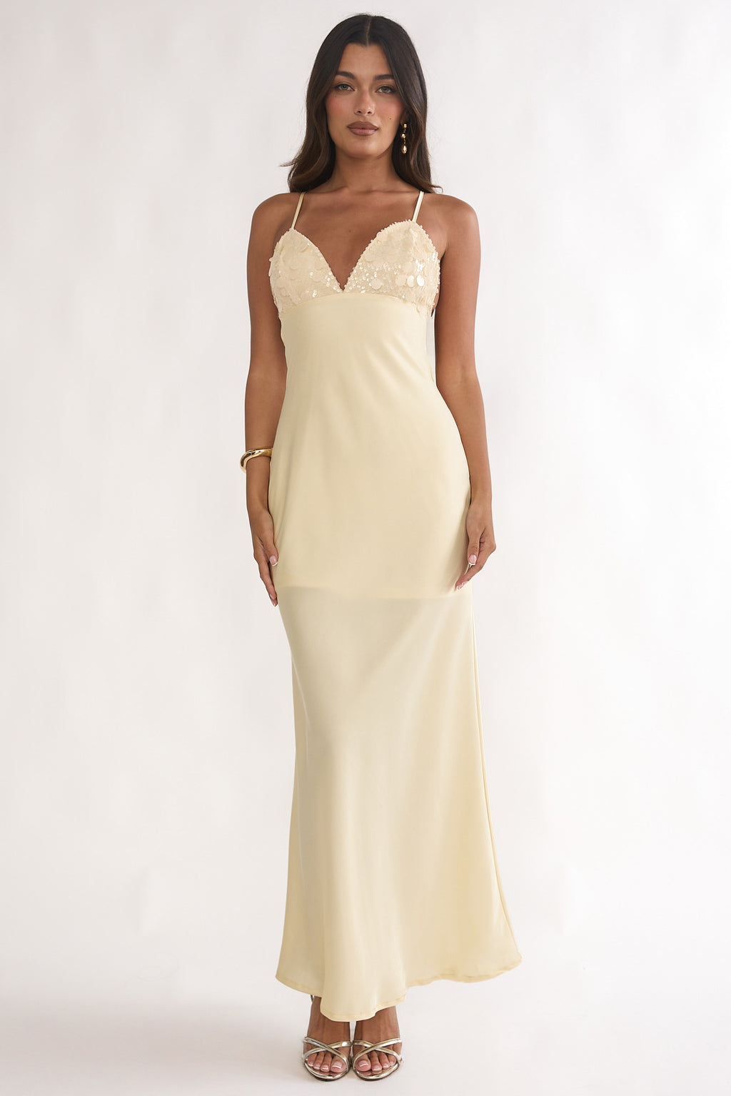 Brynn Sequin Bust Open Back Maxi Dress Butter by Selfie Leslie Australia