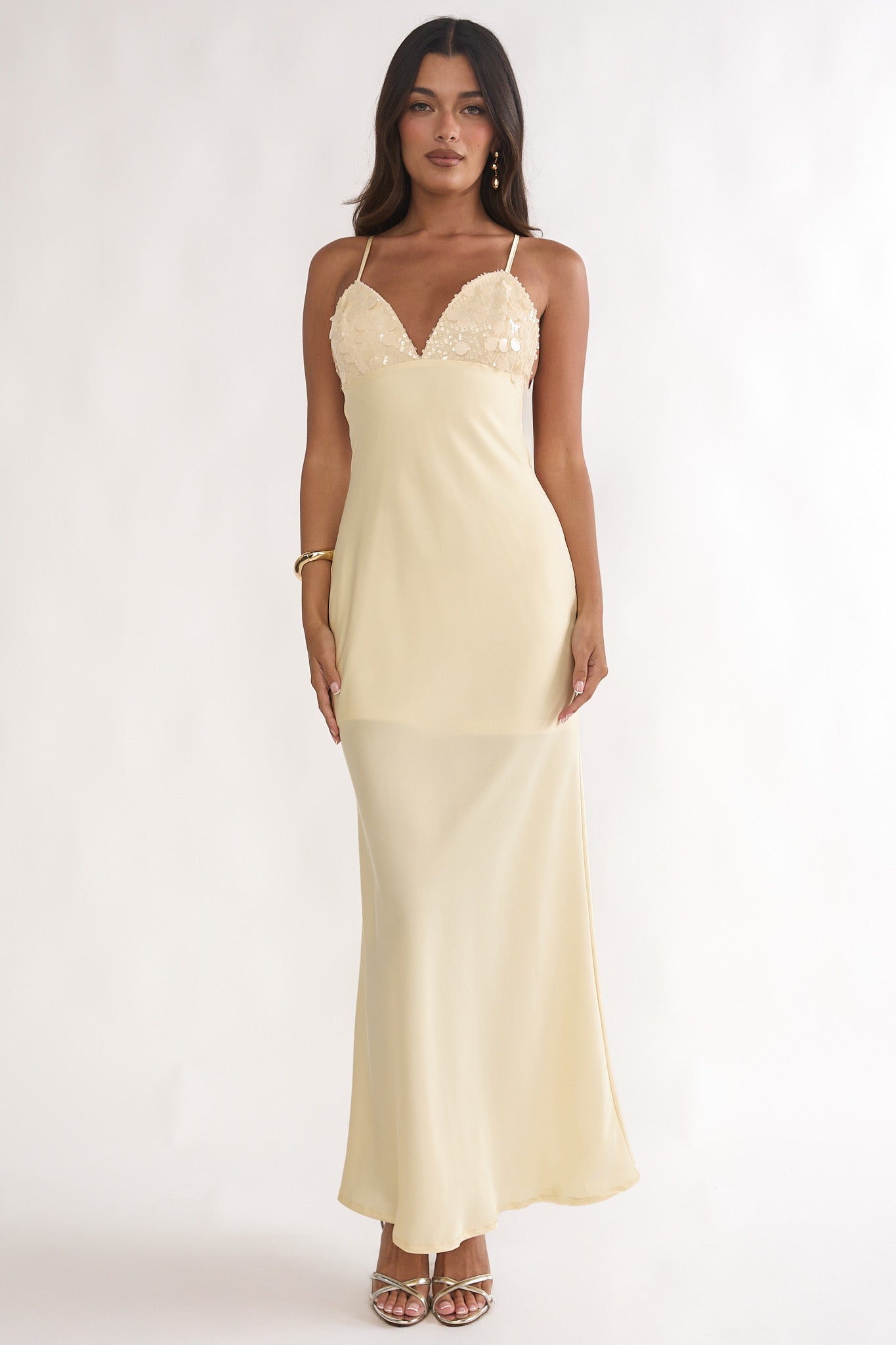 Brynn Sequin Bust Open Back Maxi Dress Butter by Selfie Leslie Australia