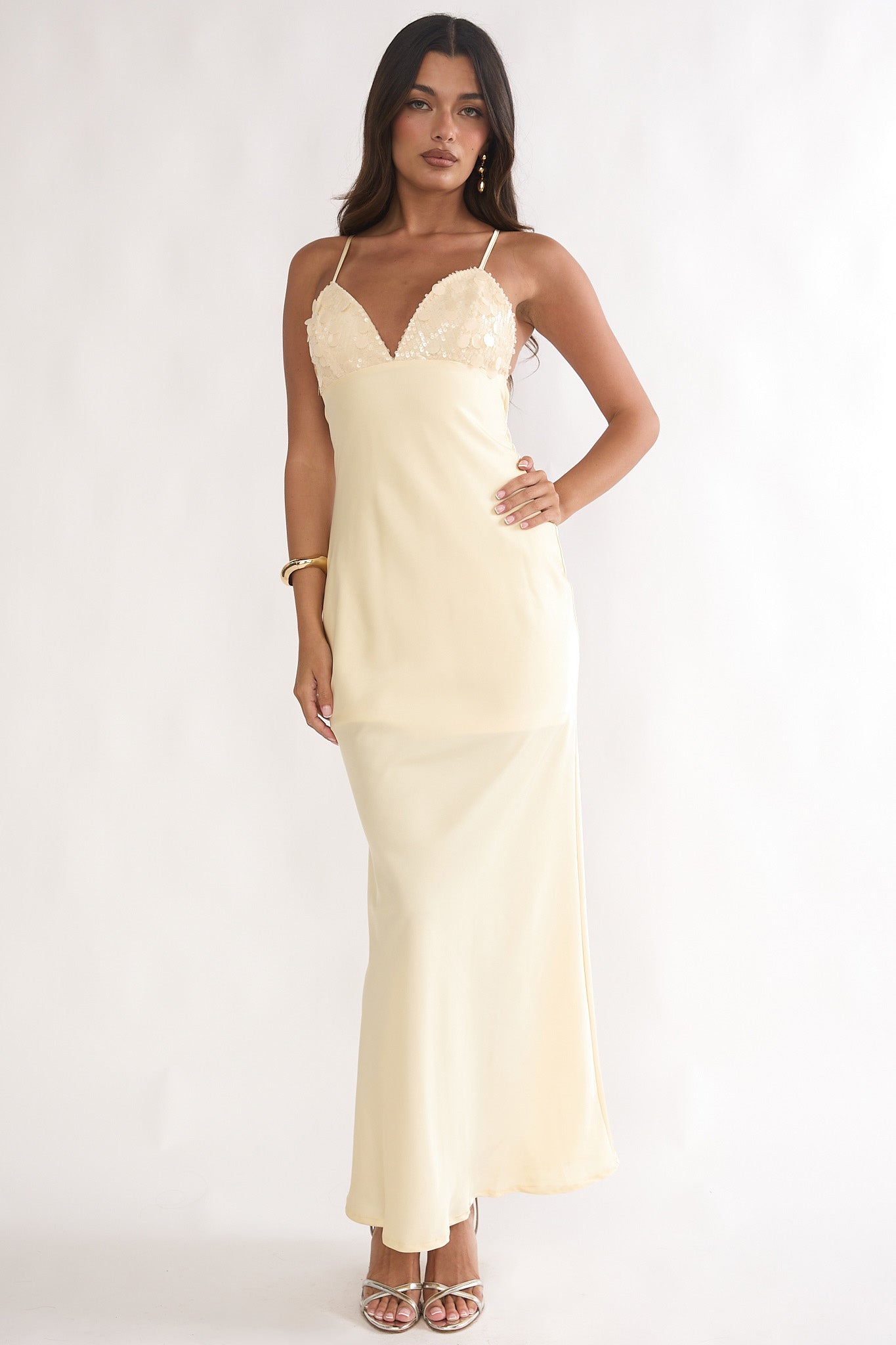 Brynn Sequin Bust Open Back Maxi Dress Butter by Selfie Leslie Australia