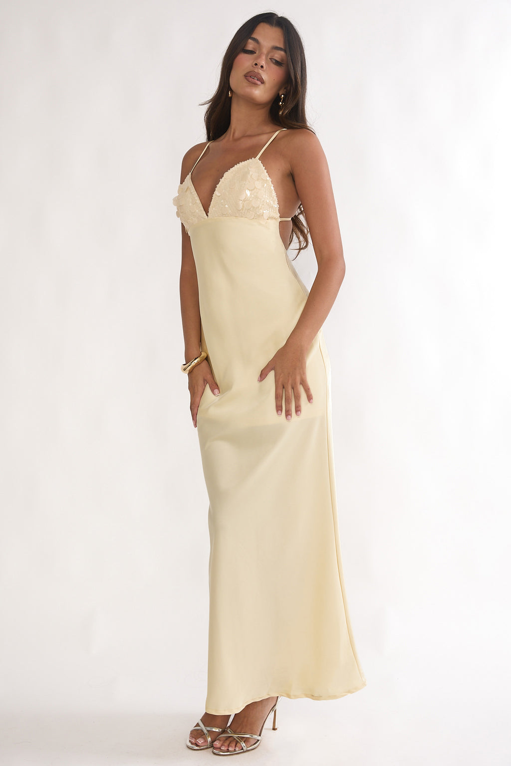 Brynn Sequin Bust Open Back Maxi Dress Butter by Selfie Leslie Australia