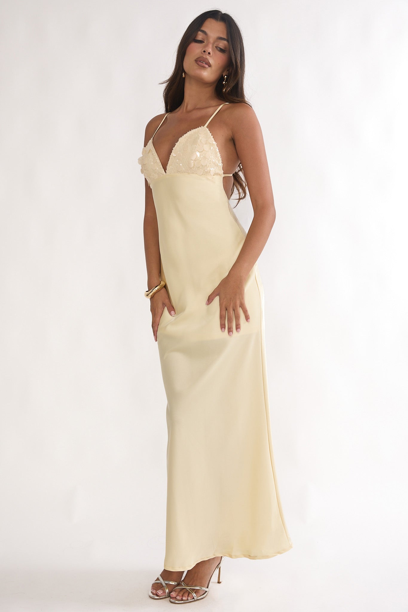 Brynn Sequin Bust Open Back Maxi Dress Butter by Selfie Leslie Australia
