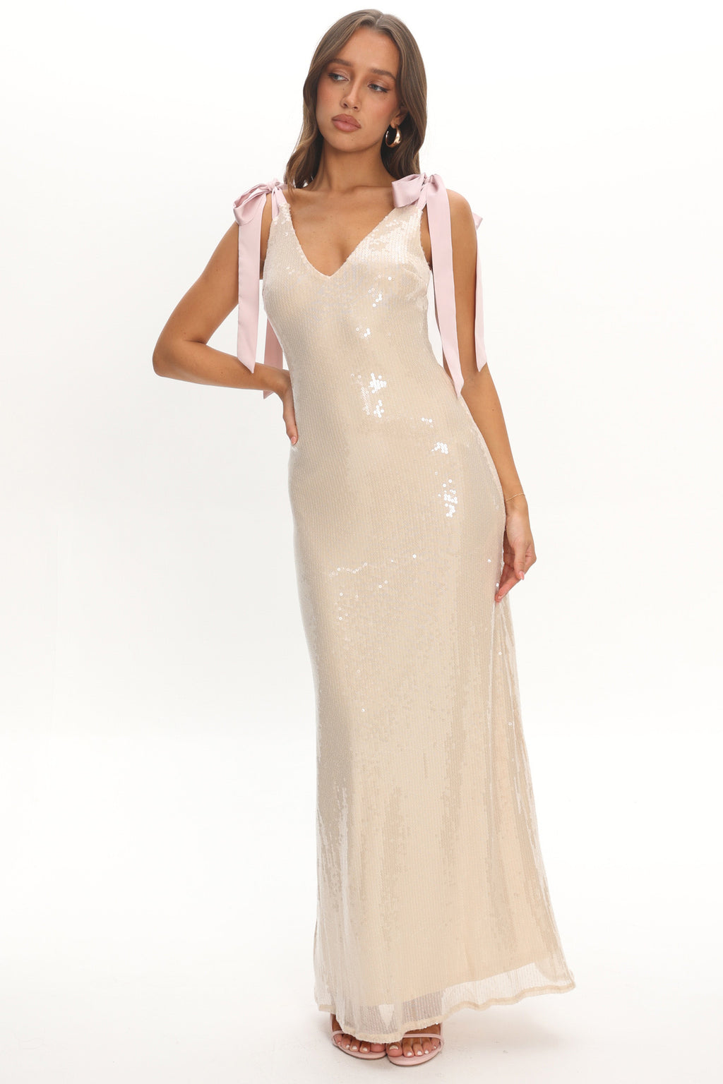 Bellamira Bow Shoulder Maxi Dress Sequin Champagne by Selfie Leslie Australia
