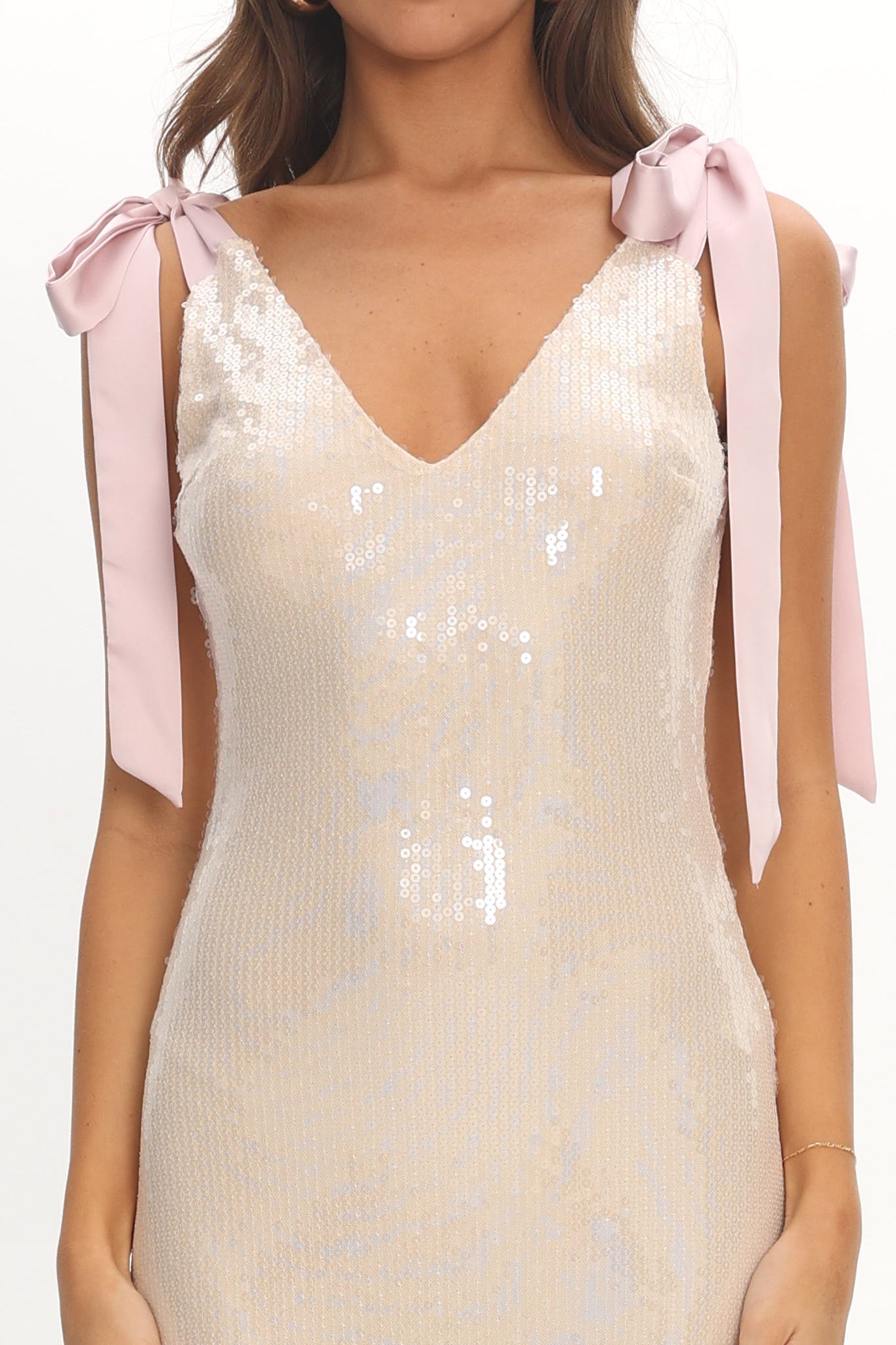 Bellamira Bow Shoulder Maxi Dress Sequin Champagne by Selfie Leslie Australia