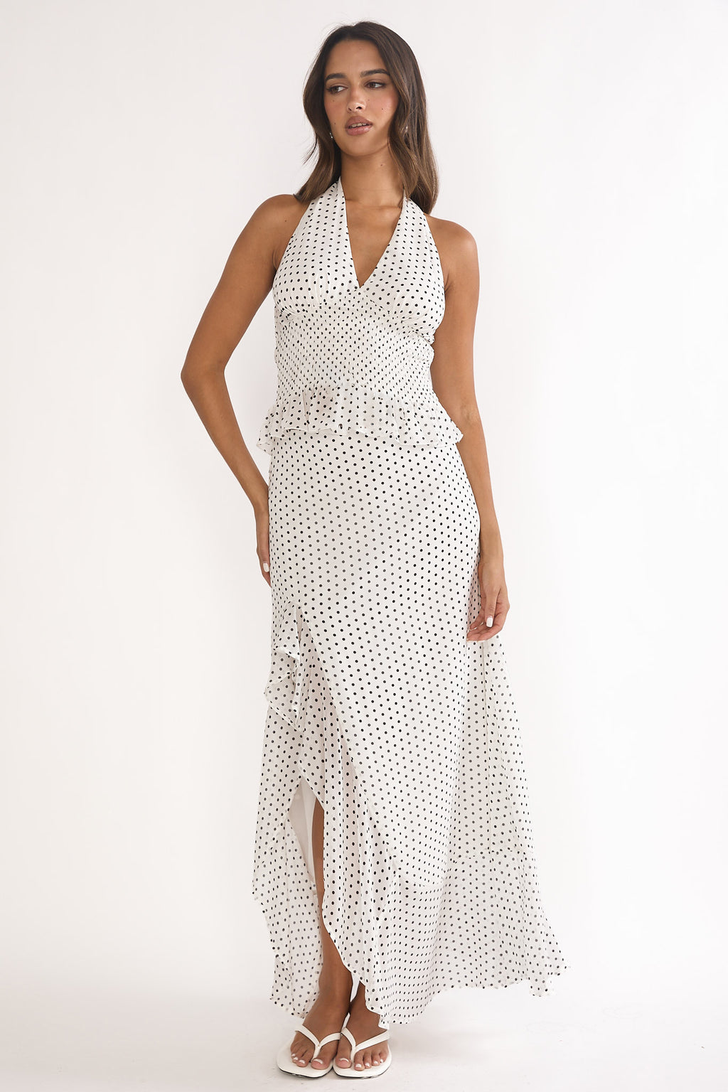 Caliah Ruffle Split Maxi Skirt Polka Dot Ivory by Selfie Leslie Australia