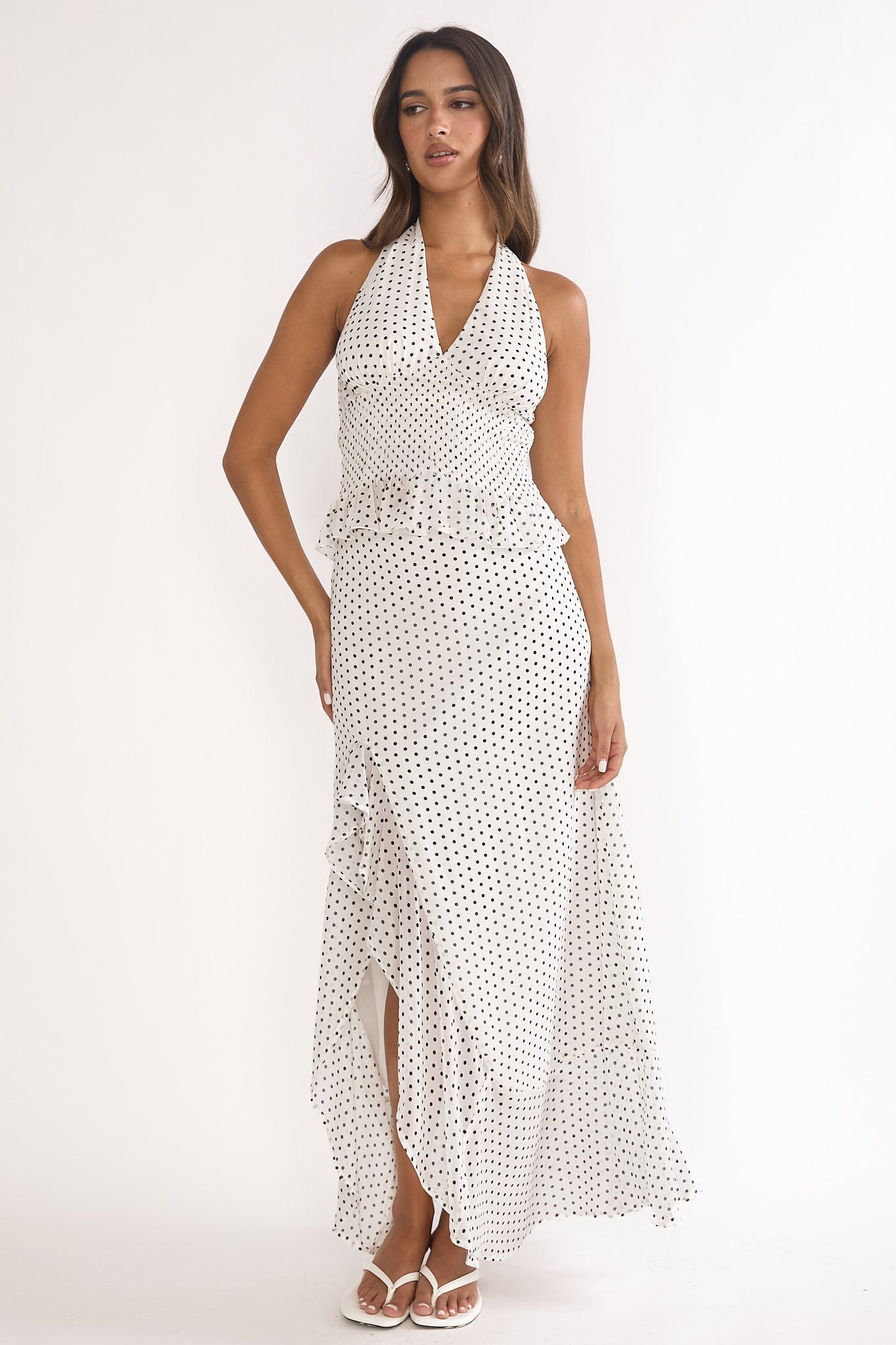 Caliah Ruffle Split Maxi Skirt Polka Dot Ivory by Selfie Leslie Australia