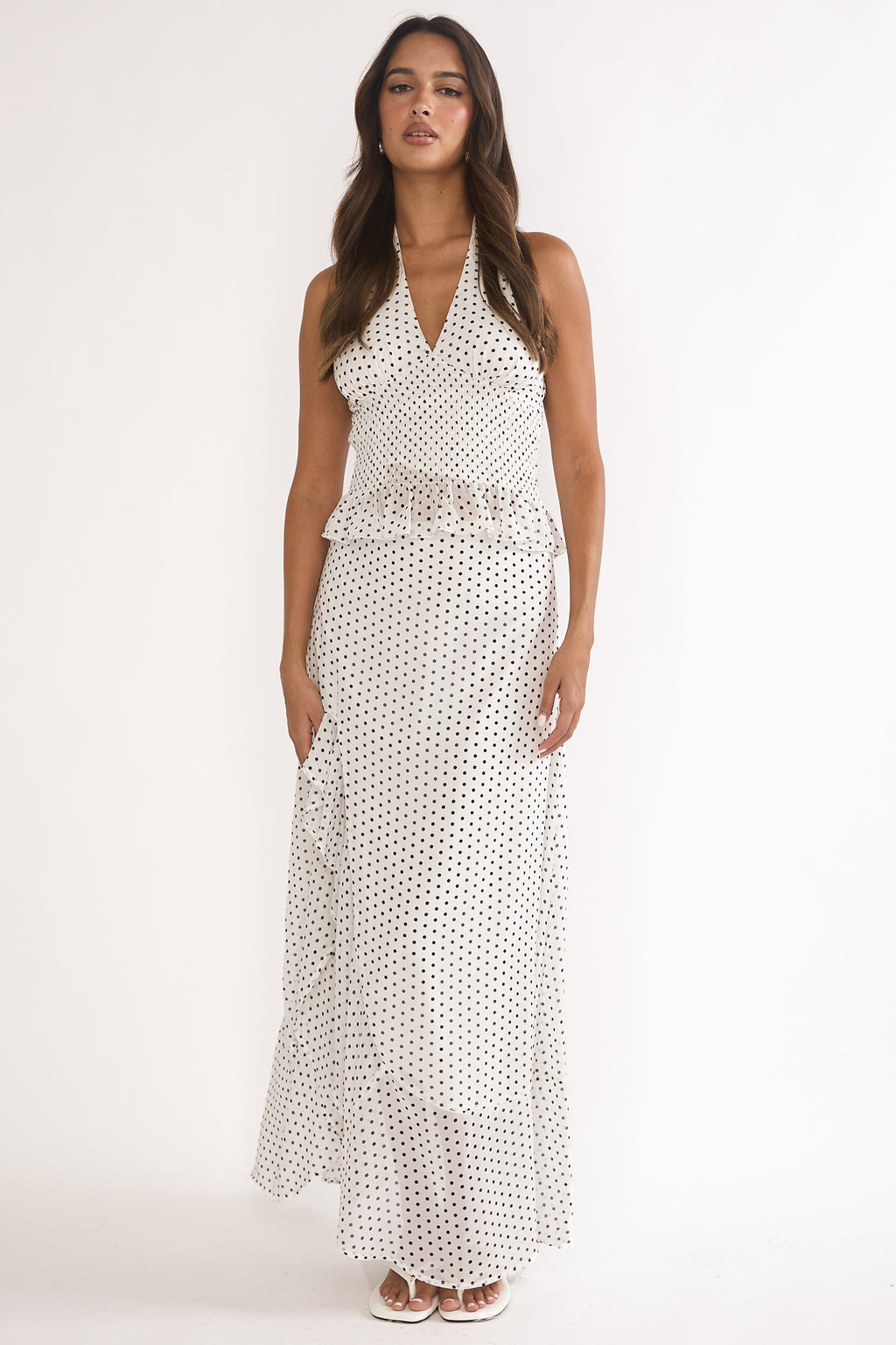 Caliah Ruffle Split Maxi Skirt Polka Dot Ivory by Selfie Leslie Australia