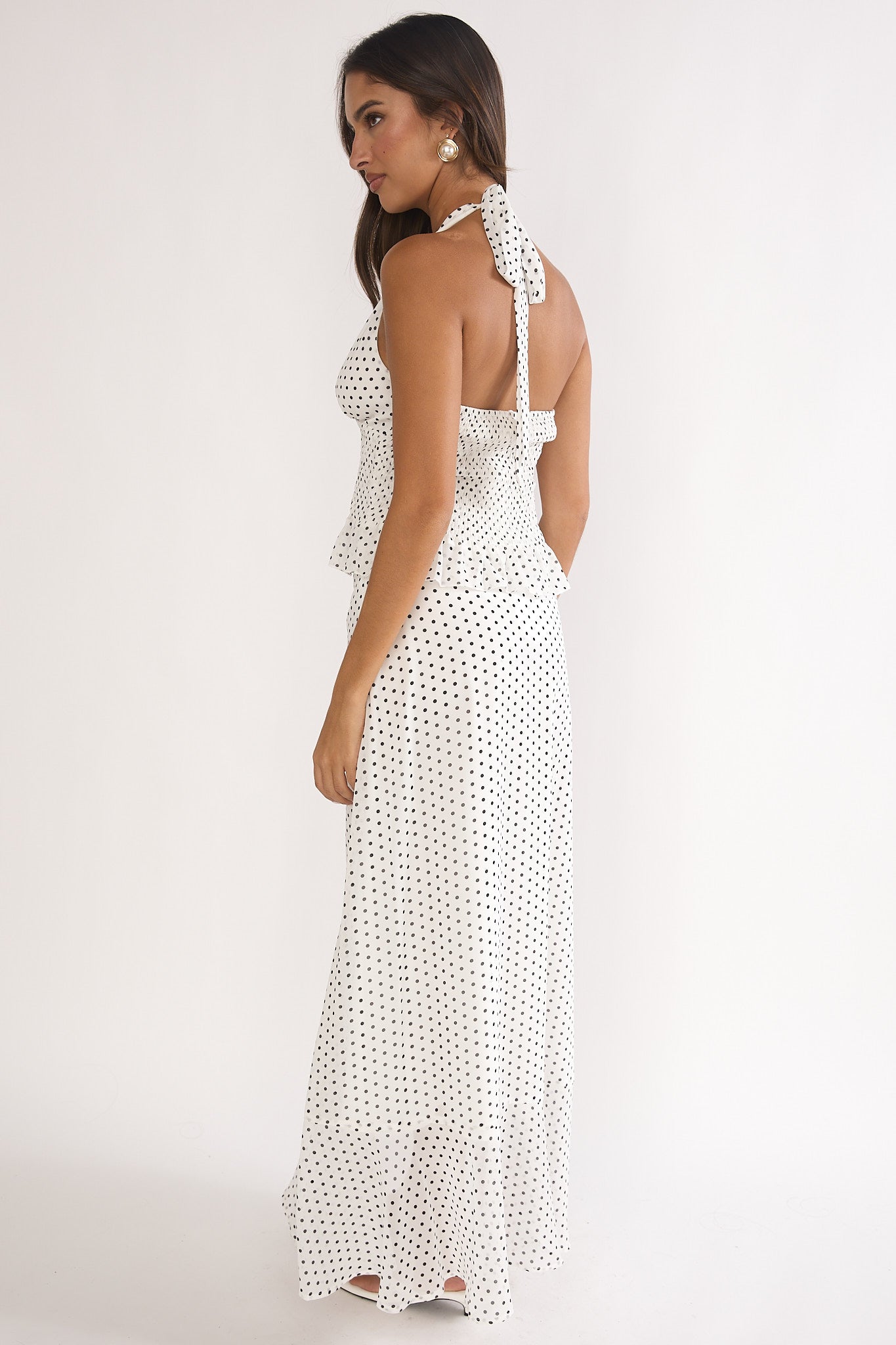 Caliah Ruffle Split Maxi Skirt Polka Dot Ivory by Selfie Leslie Australia