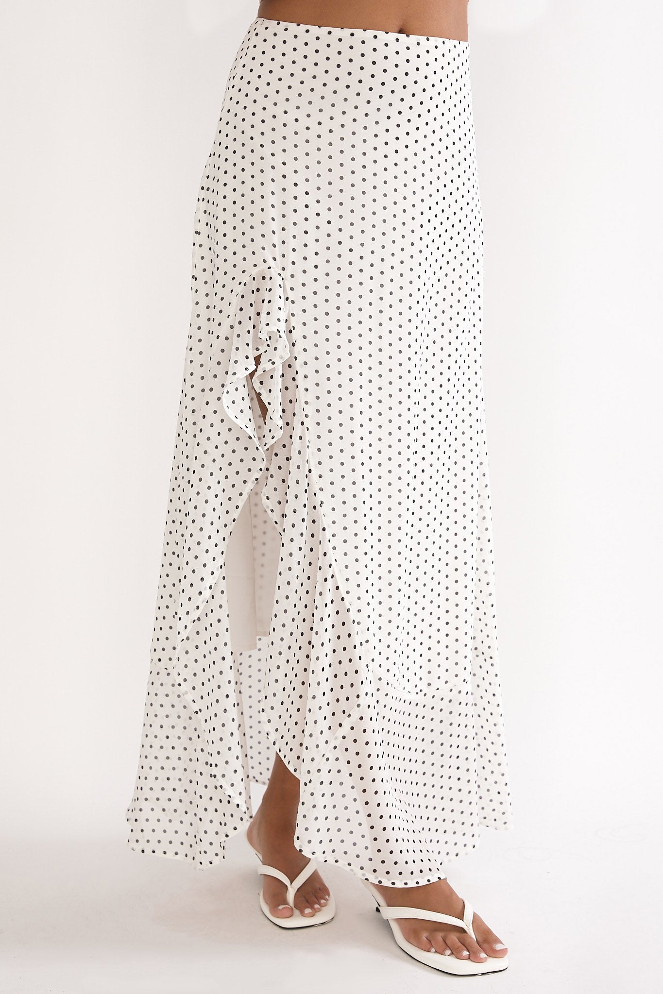 Caliah Ruffle Split Maxi Skirt Polka Dot Ivory by Selfie Leslie Australia