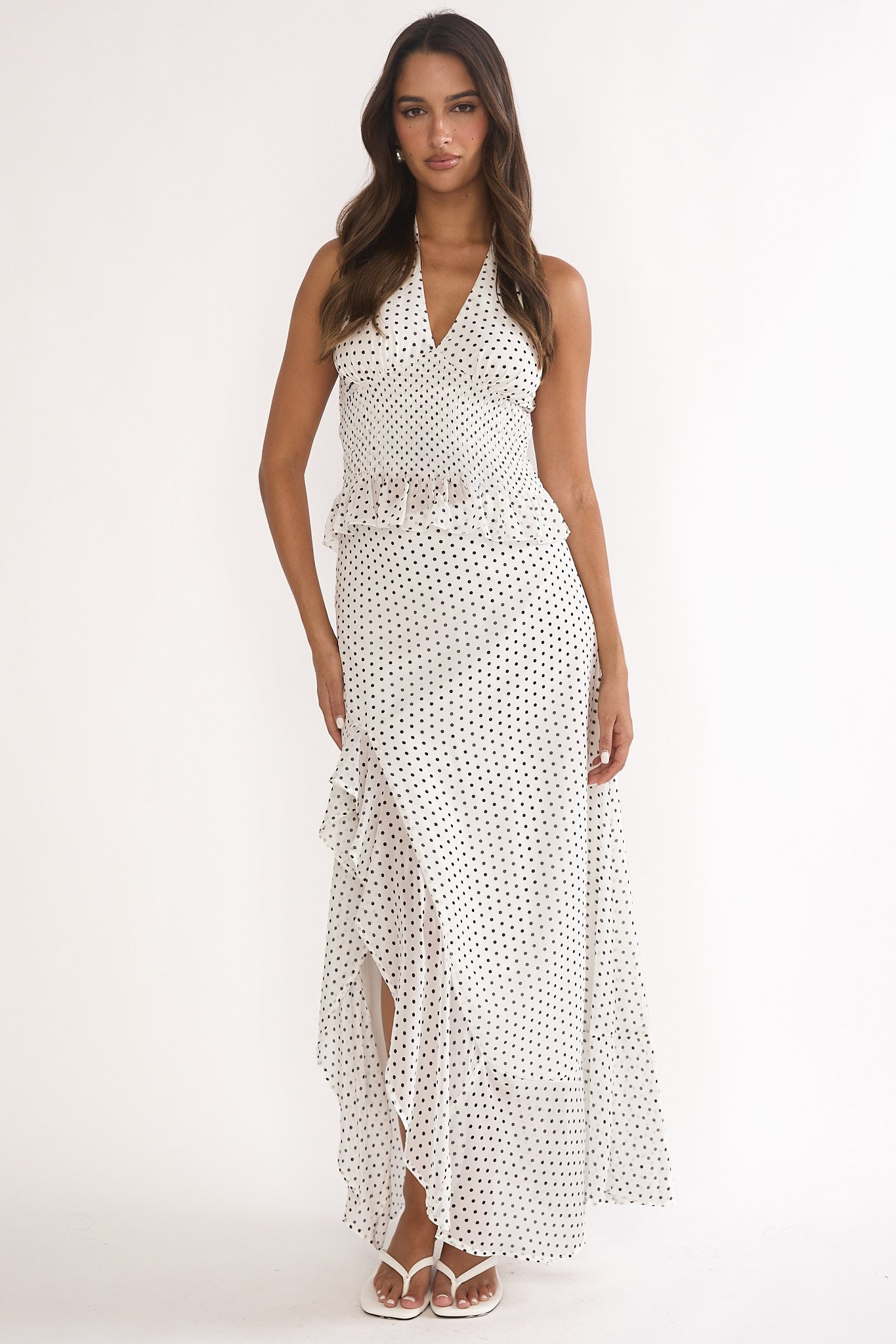Caliah Ruffle Split Maxi Skirt Polka Dot Ivory by Selfie Leslie Australia