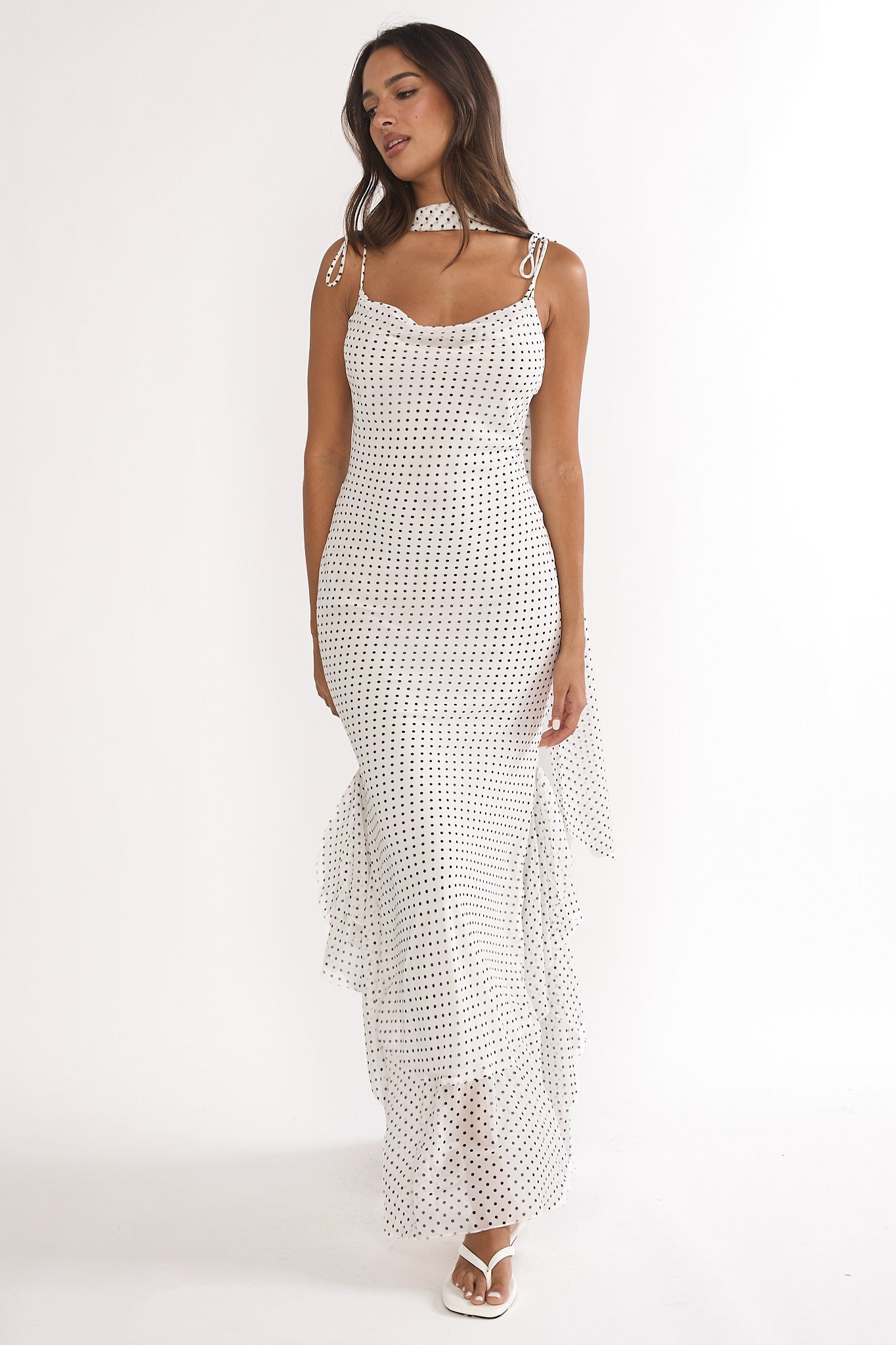 Emmara Tied Shoulder Maxi Dress Polka Dot White by Selfie Leslie Australia