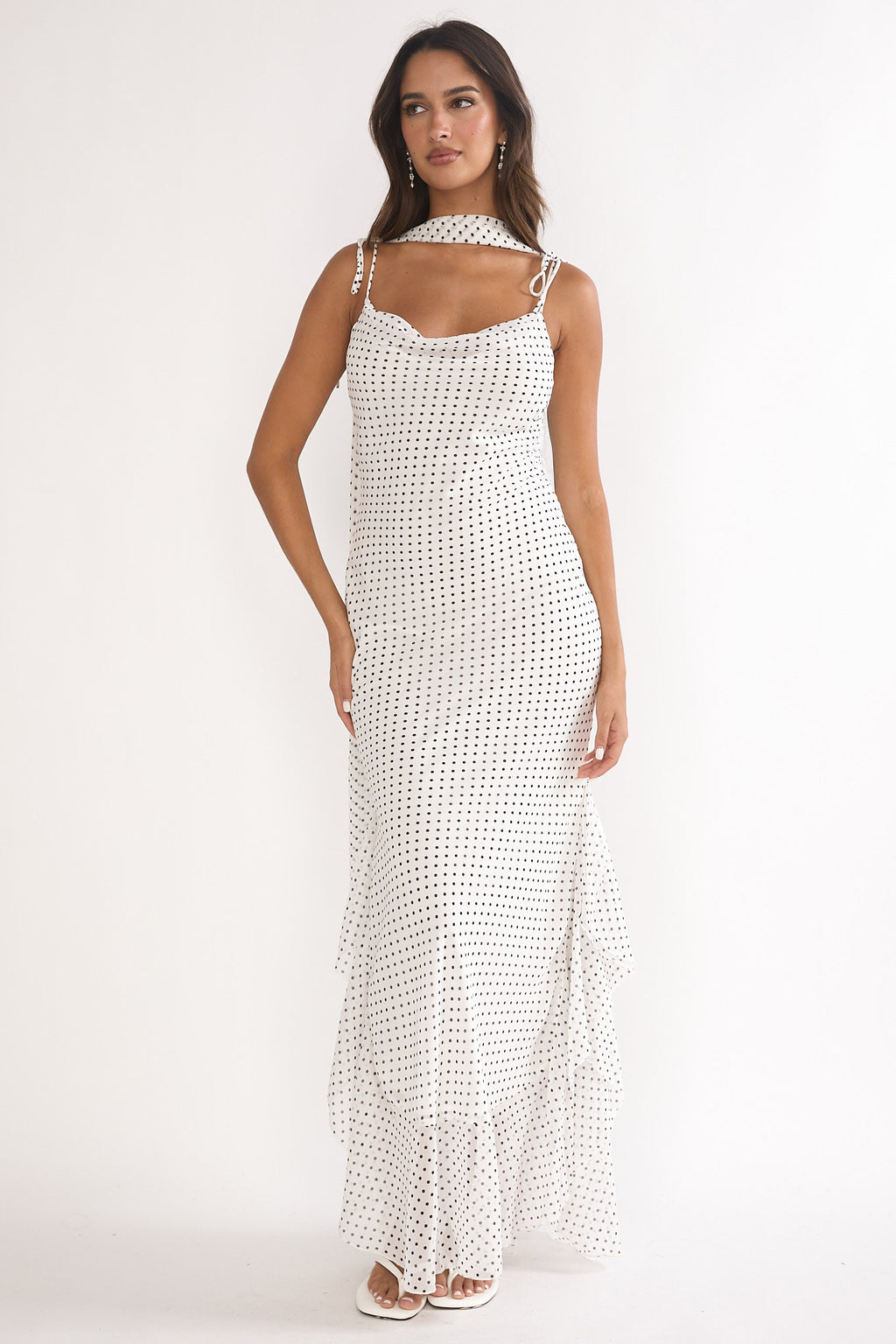 Emmara Tied Shoulder Maxi Dress Polka Dot White by Selfie Leslie Australia