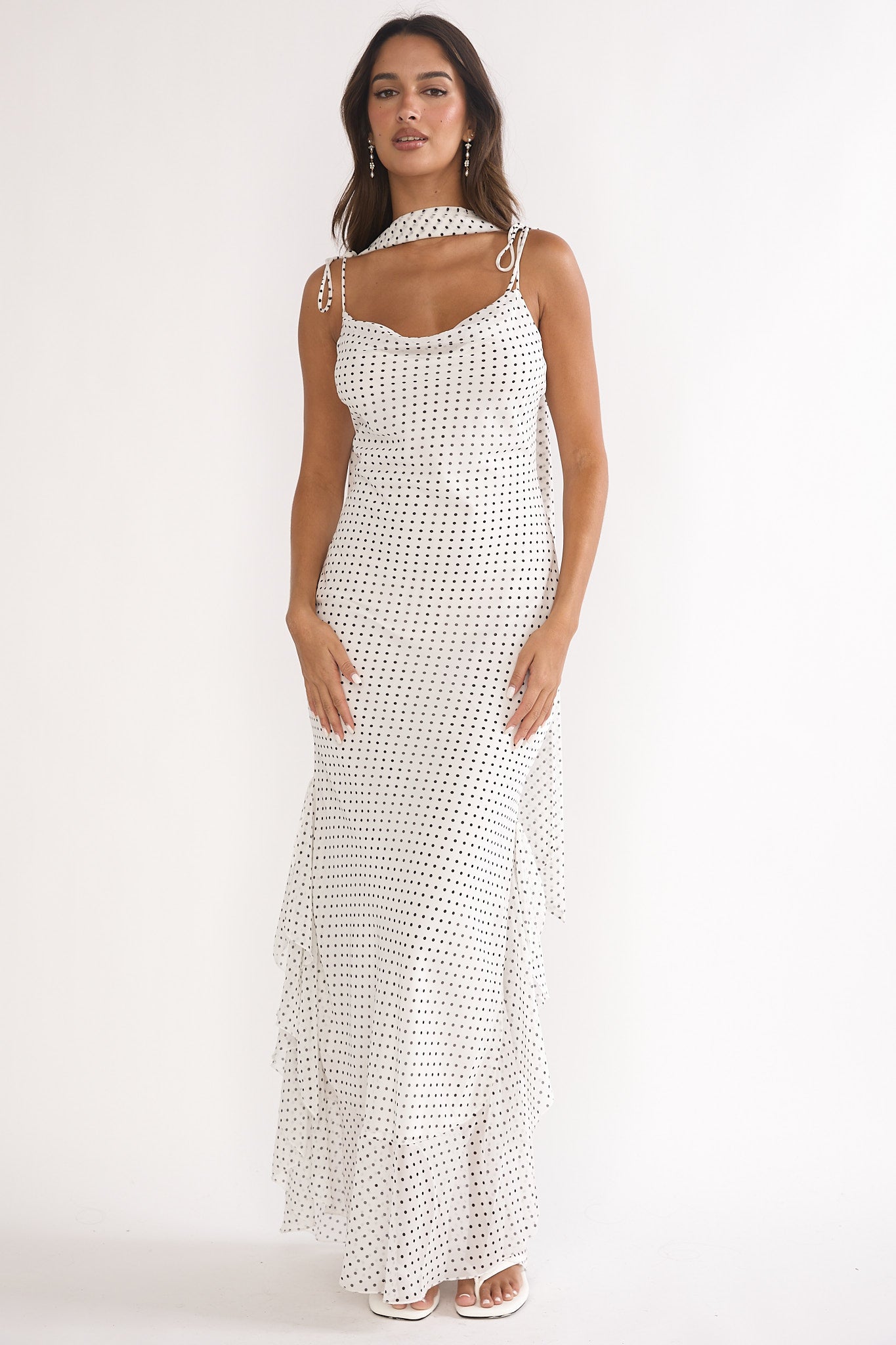Emmara Tied Shoulder Maxi Dress Polka Dot White by Selfie Leslie Australia