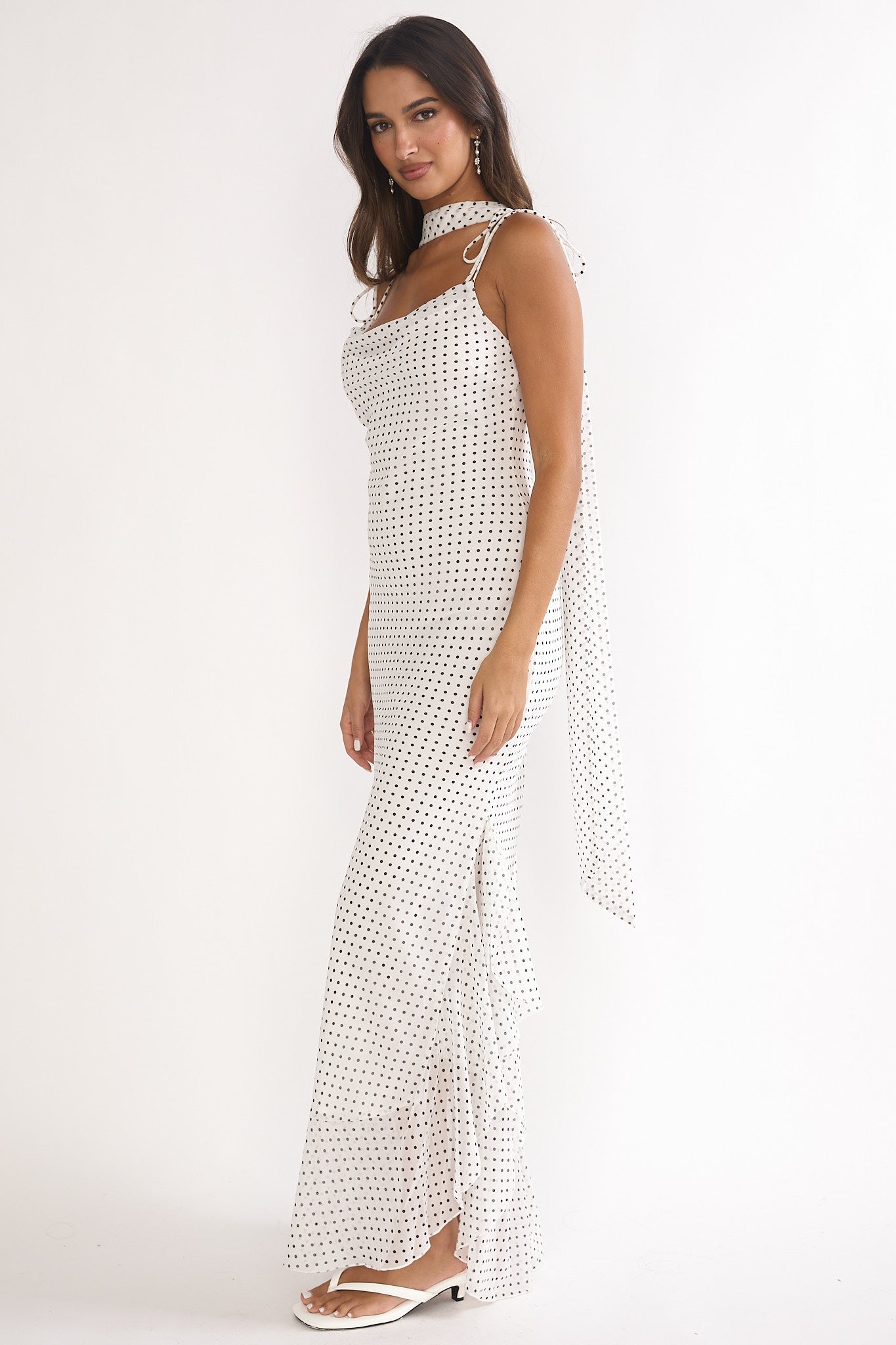 Emmara Tied Shoulder Maxi Dress Polka Dot White by Selfie Leslie Australia