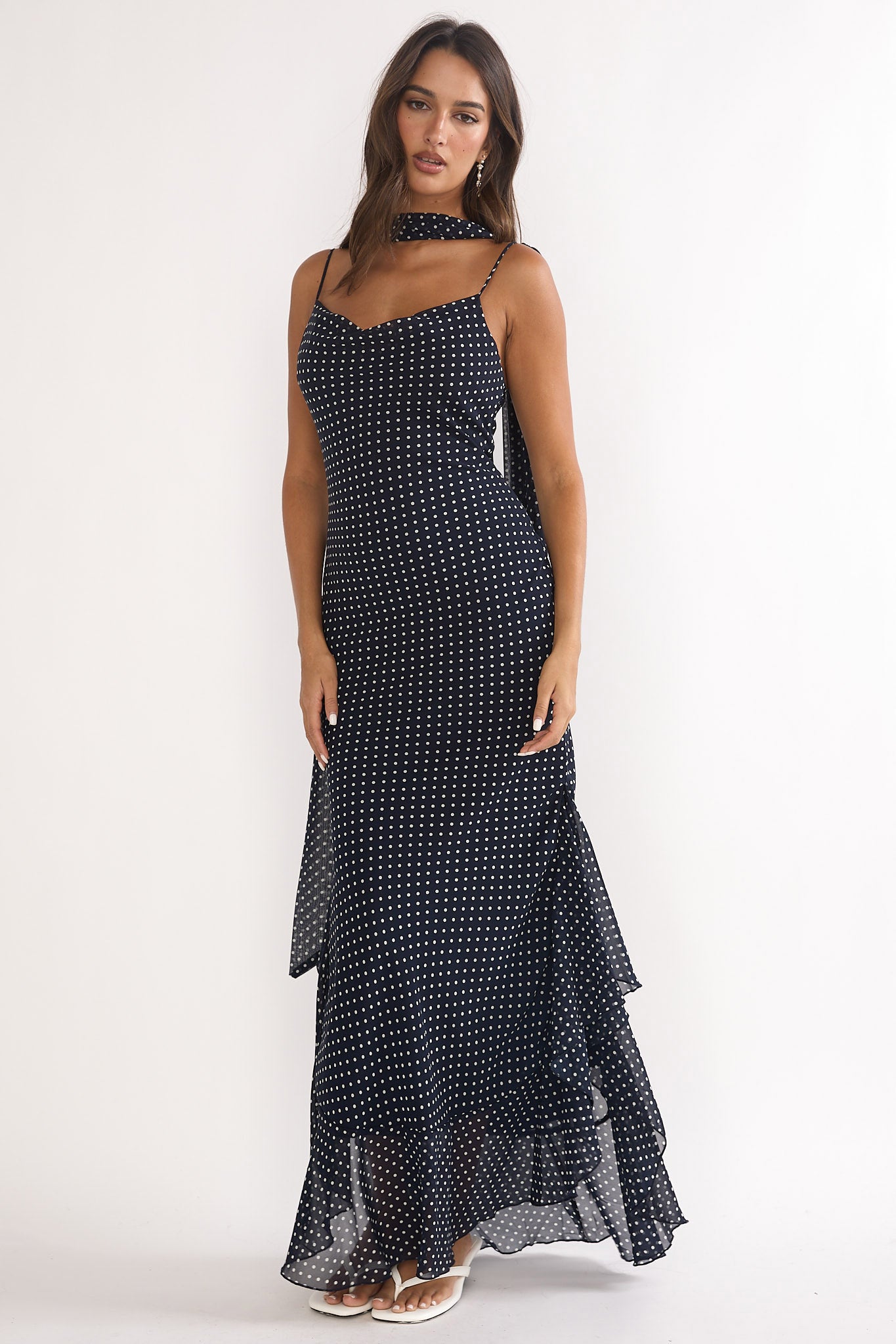Emmara Tied Shoulder Maxi Dress Polka Dot Navy by Selfie Leslie Australia