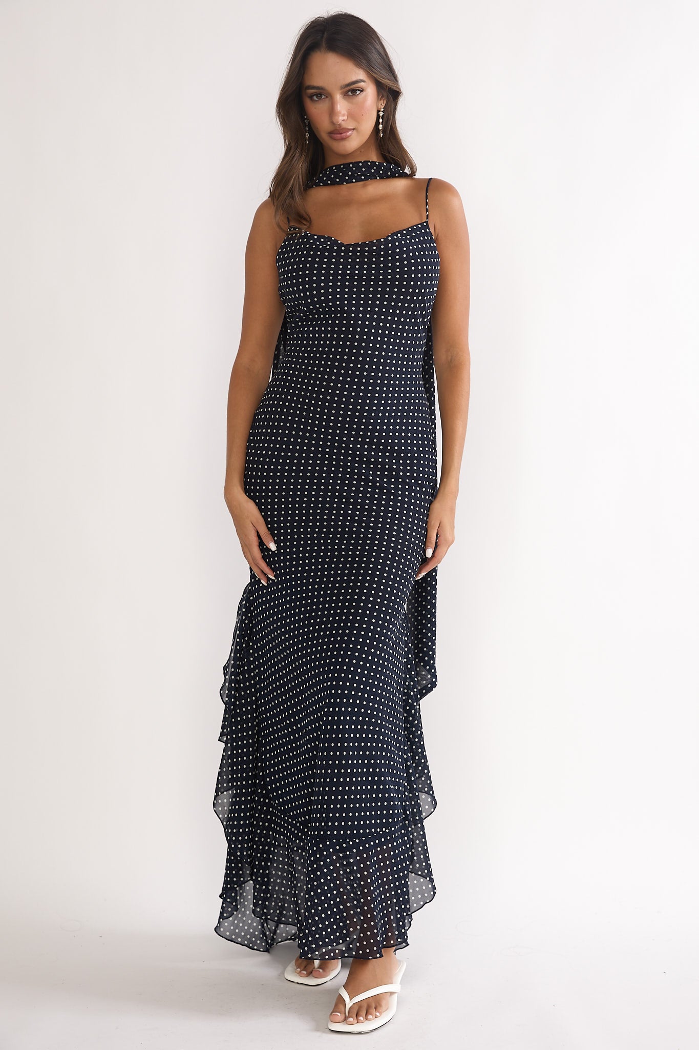 Emmara Tied Shoulder Maxi Dress Polka Dot Navy by Selfie Leslie Australia