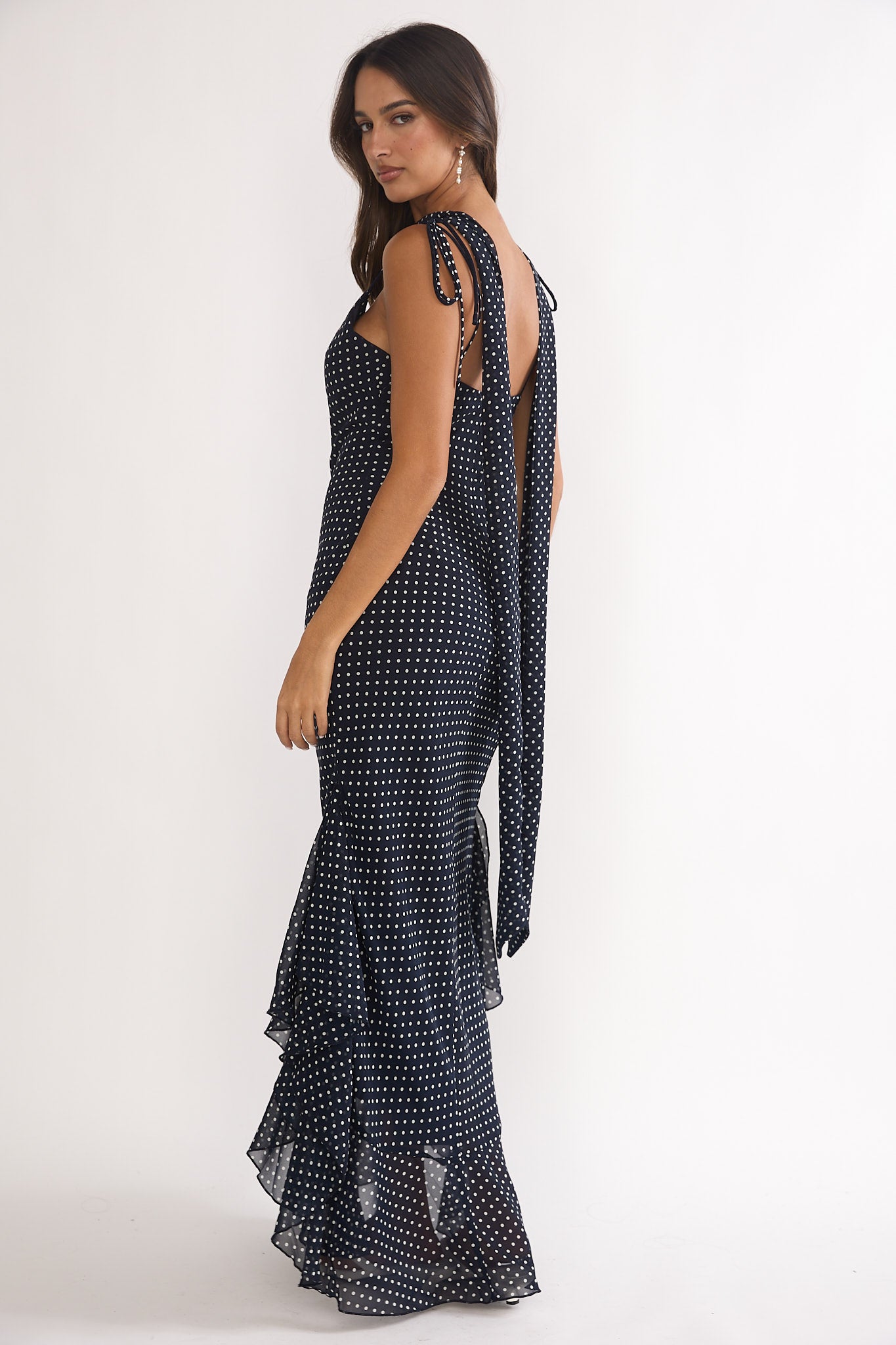 Emmara Tied Shoulder Maxi Dress Polka Dot Navy by Selfie Leslie Australia