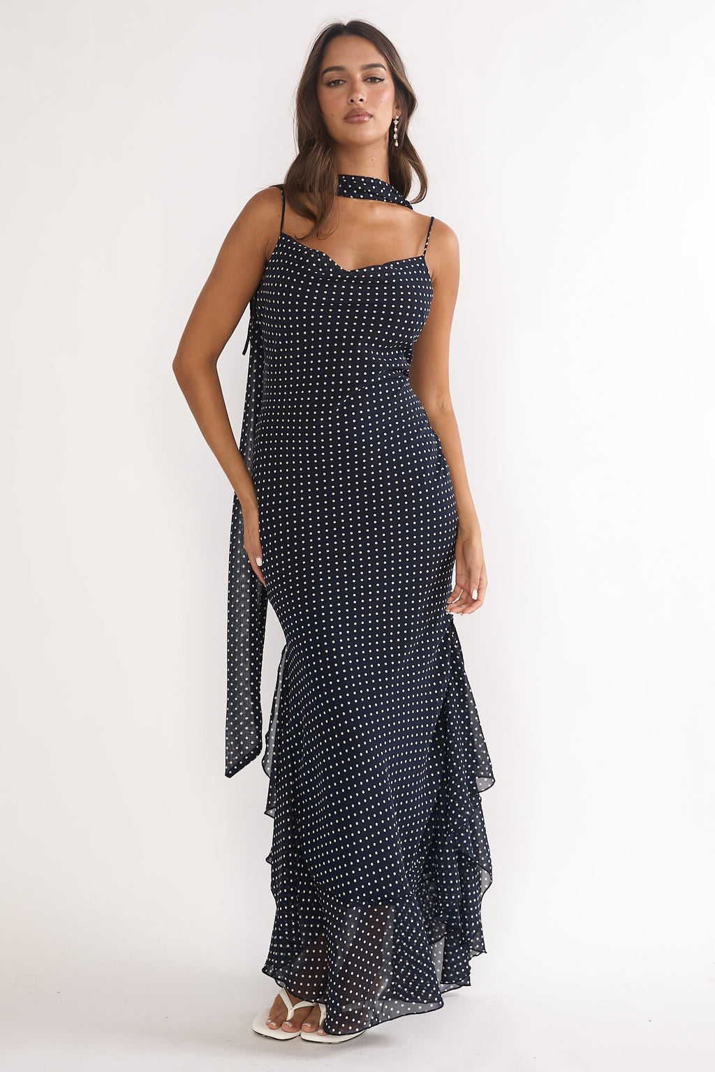 Emmara Tied Shoulder Maxi Dress Polka Dot Navy by Selfie Leslie Australia