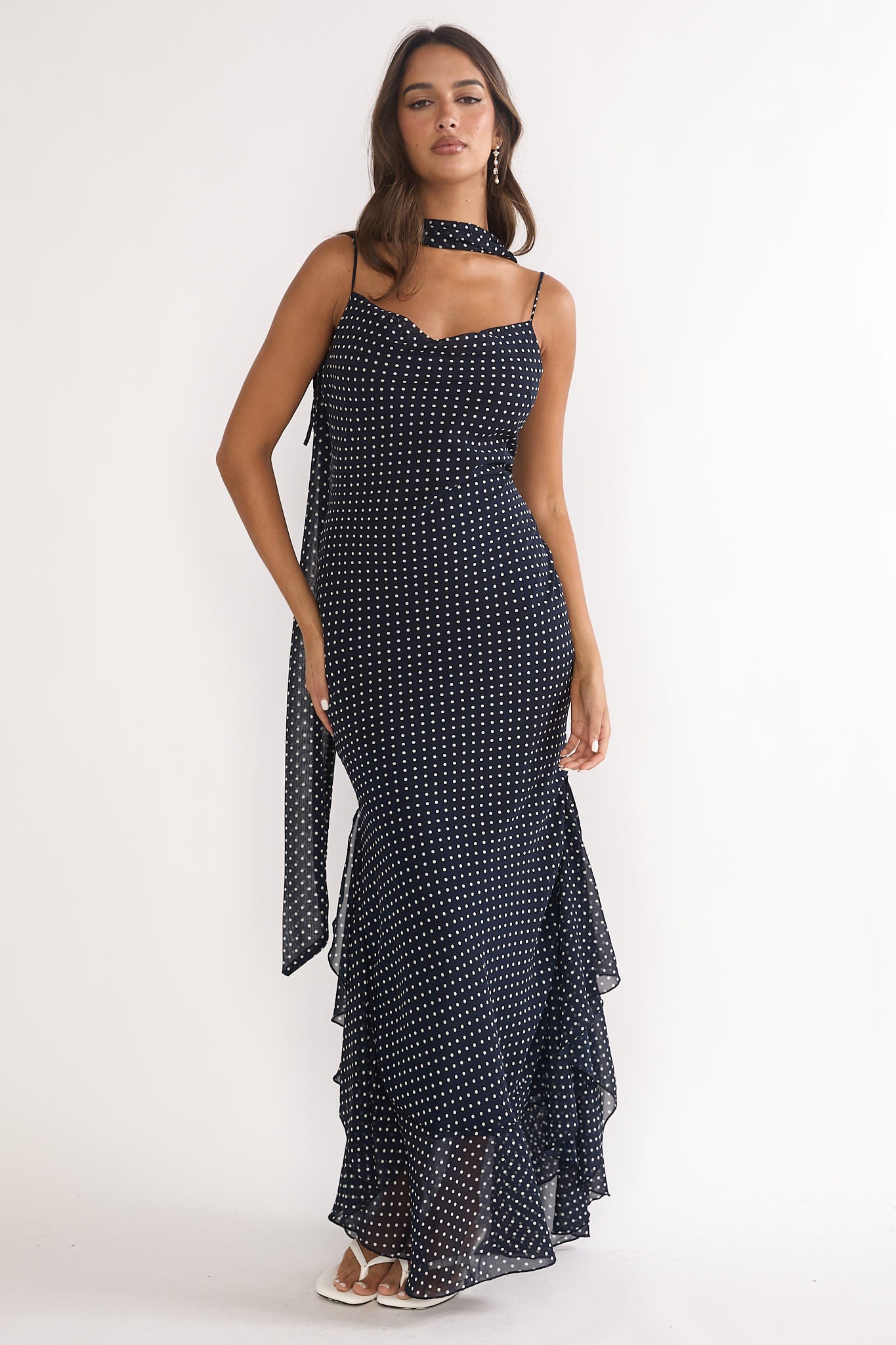 Emmara Tied Shoulder Maxi Dress Polka Dot Navy by Selfie Leslie Australia