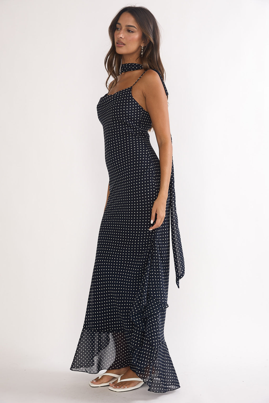 Emmara Tied Shoulder Maxi Dress Polka Dot Navy by Selfie Leslie Australia