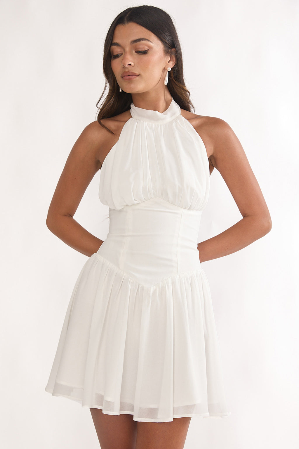Lunaria High Neck Halterneck Mini Dress White by Selfie Leslie Australia