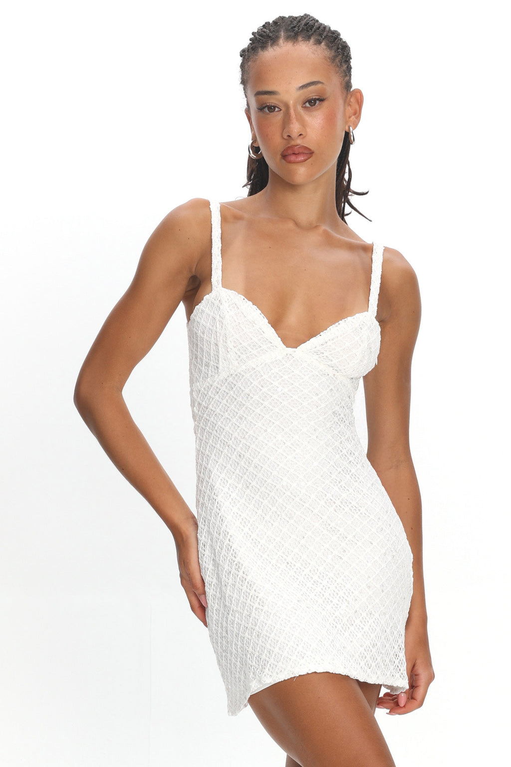 Honduras Crochet Knit Mini Dress Sequin Off White by Selfie Leslie Australia
