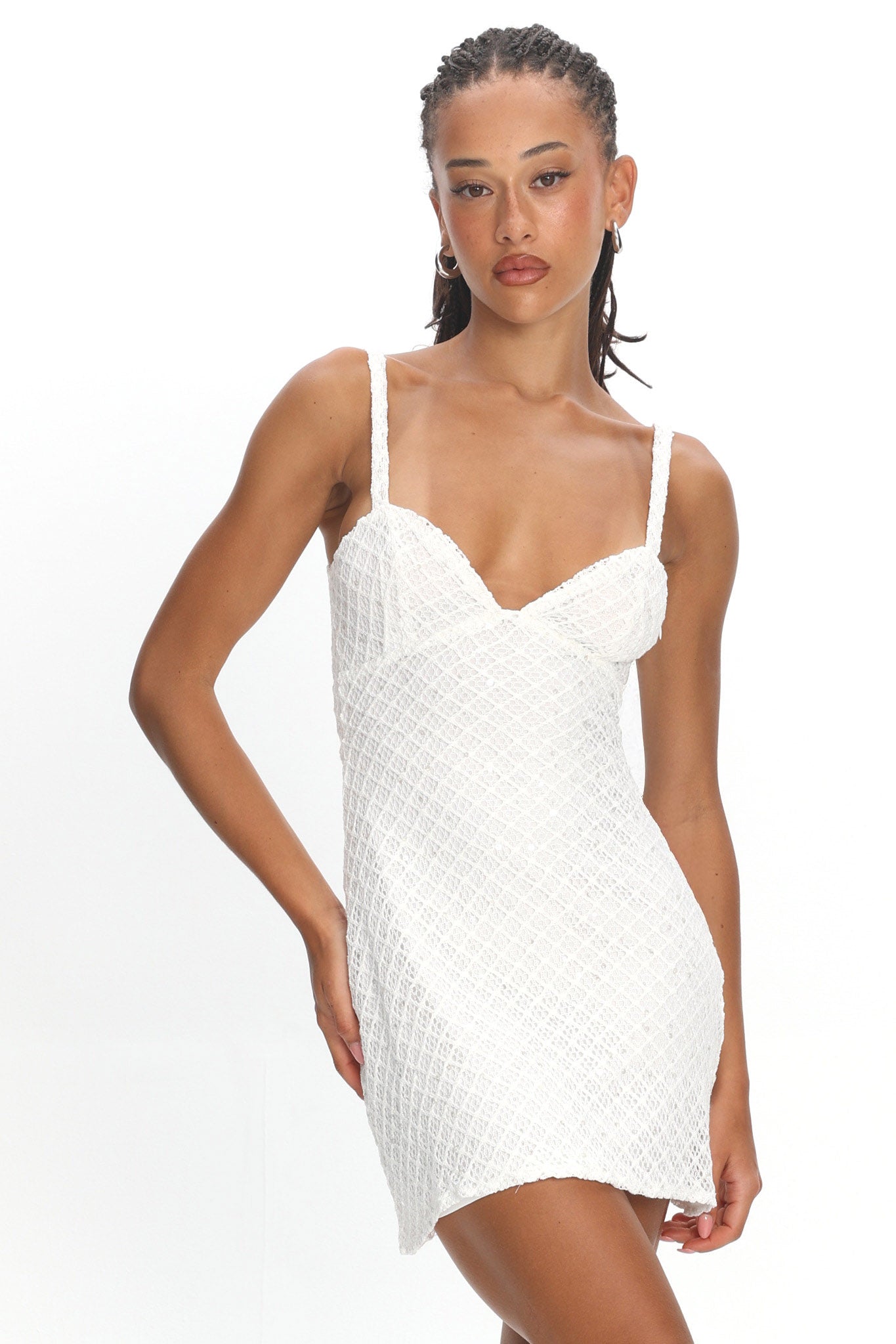 Honduras Crochet Knit Mini Dress Sequin Off White by Selfie Leslie Australia