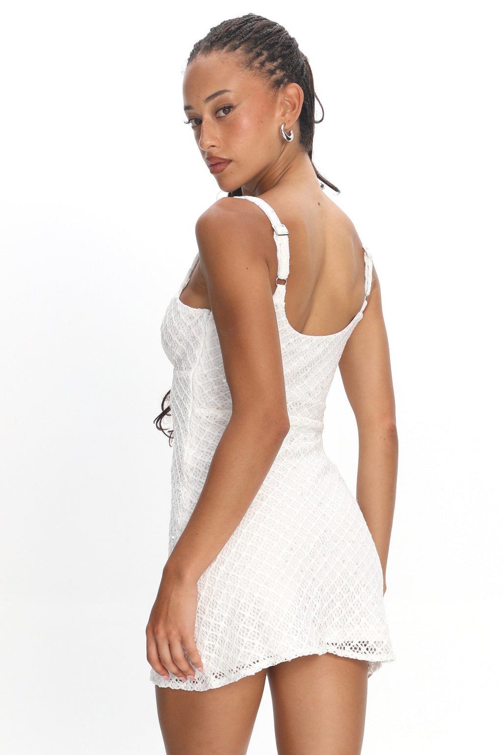 Honduras Crochet Knit Mini Dress Sequin Off White by Selfie Leslie Australia