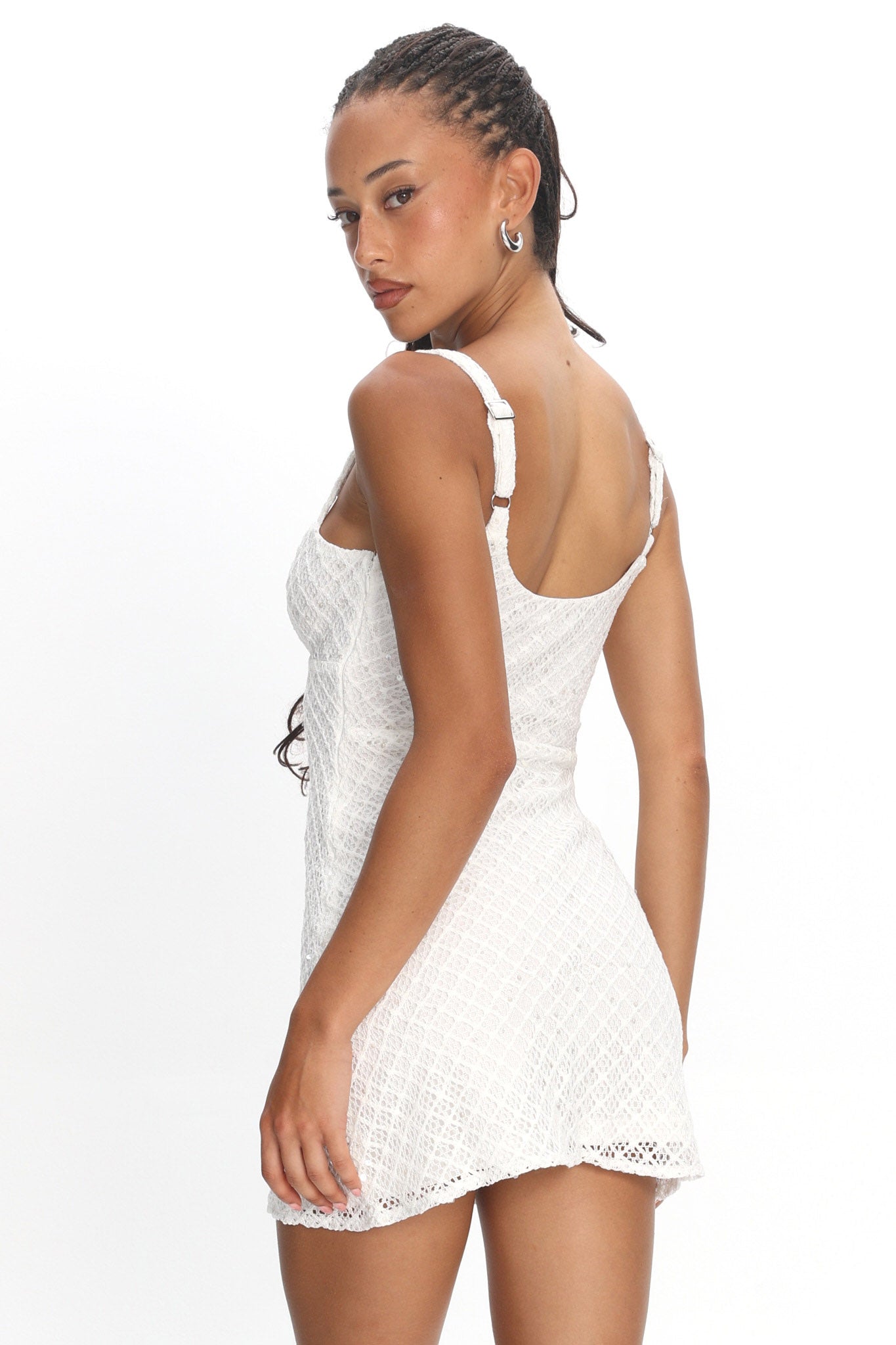 Honduras Crochet Knit Mini Dress Sequin Off White by Selfie Leslie Australia