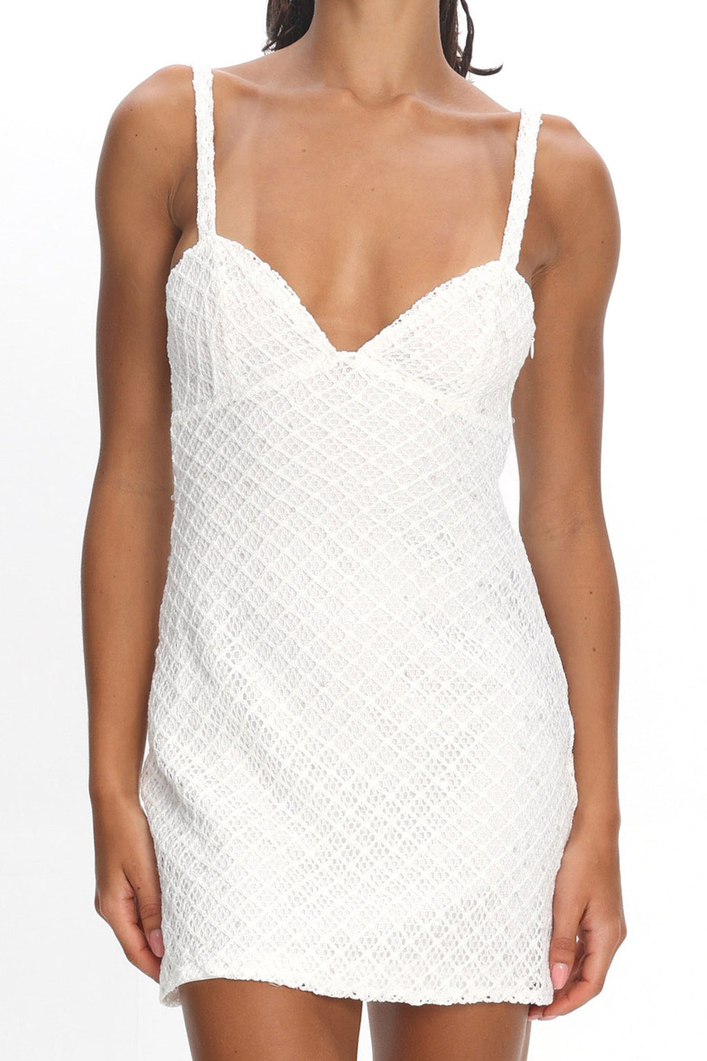 Honduras Crochet Knit Mini Dress Sequin Off White by Selfie Leslie Australia