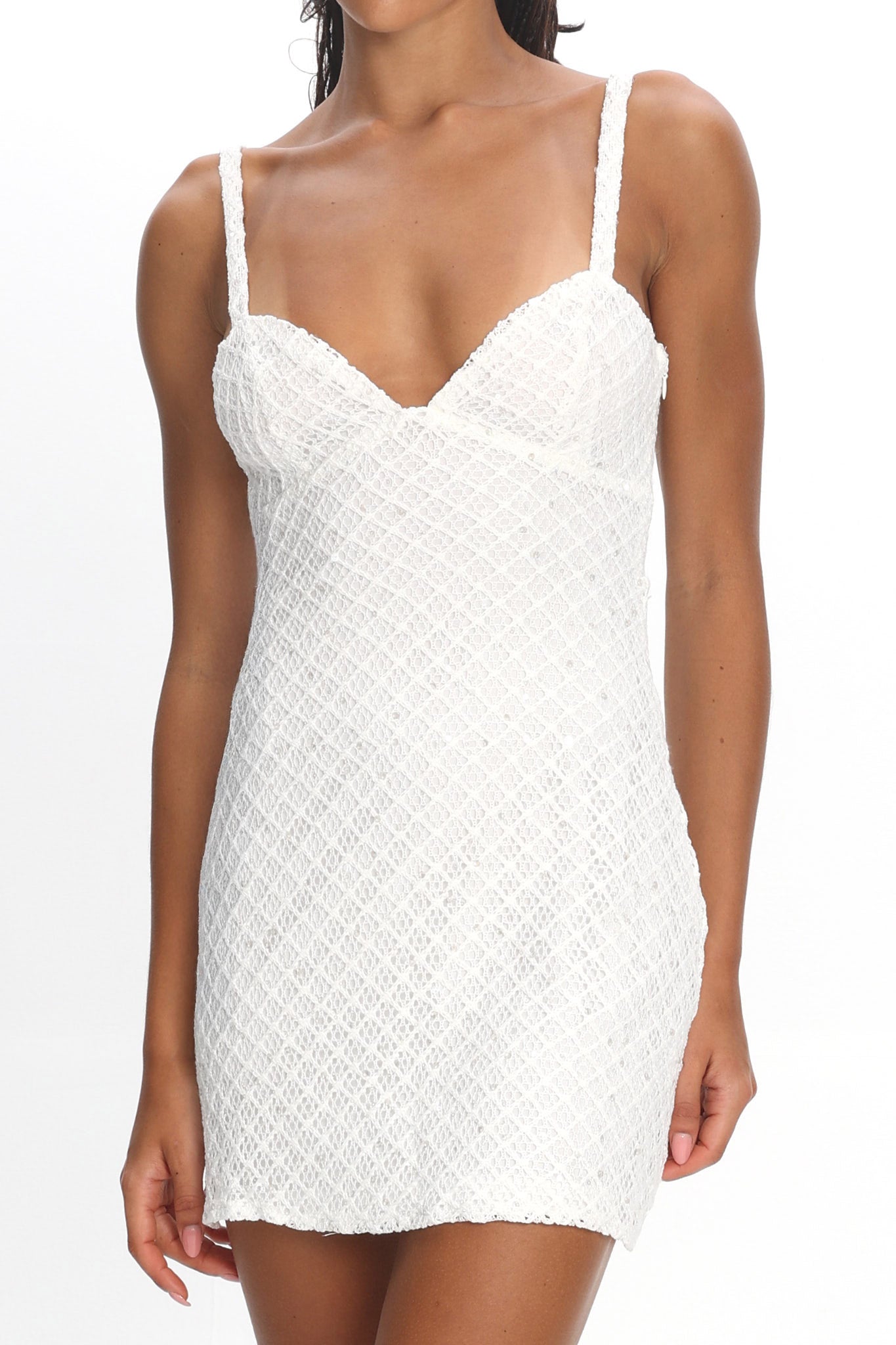Honduras Crochet Knit Mini Dress Sequin Off White by Selfie Leslie Australia