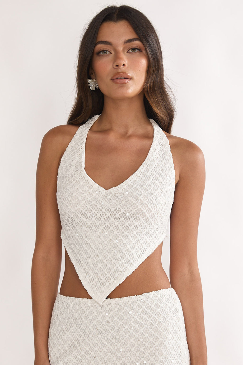Palaya Crochet Knit Halter Top Sequin Cream by Selfie Leslie Australia