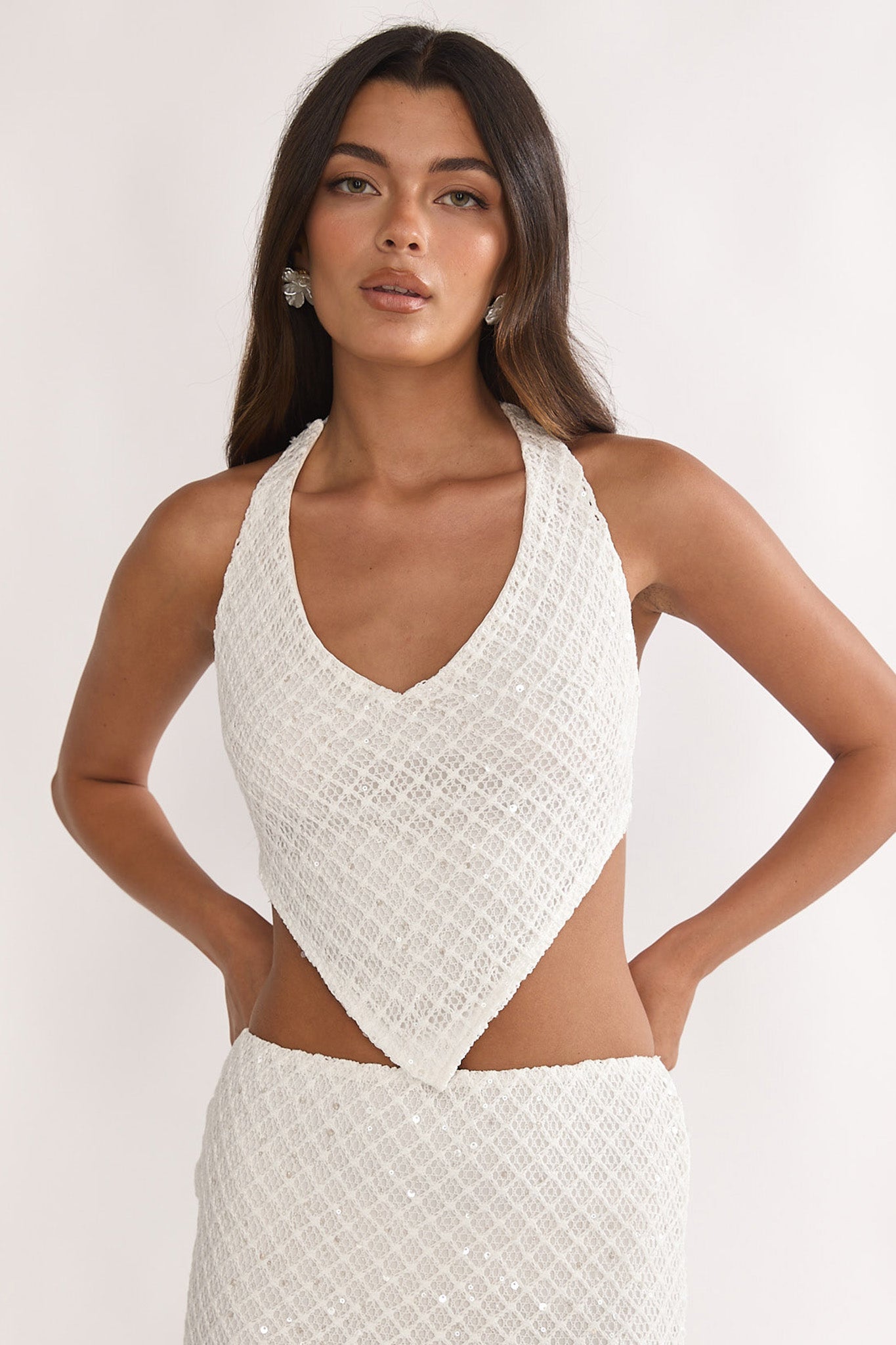 Palaya Crochet Knit Halter Top Sequin Cream by Selfie Leslie Australia