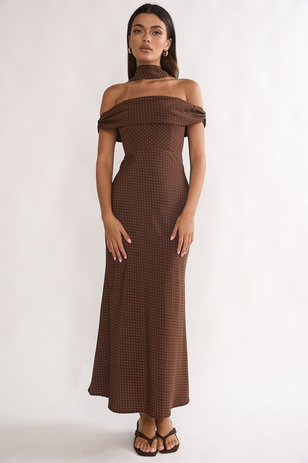 Alissa Off-Shoulder Maxi Dress Polka Dot Chocolate by Selfie Leslie Australia