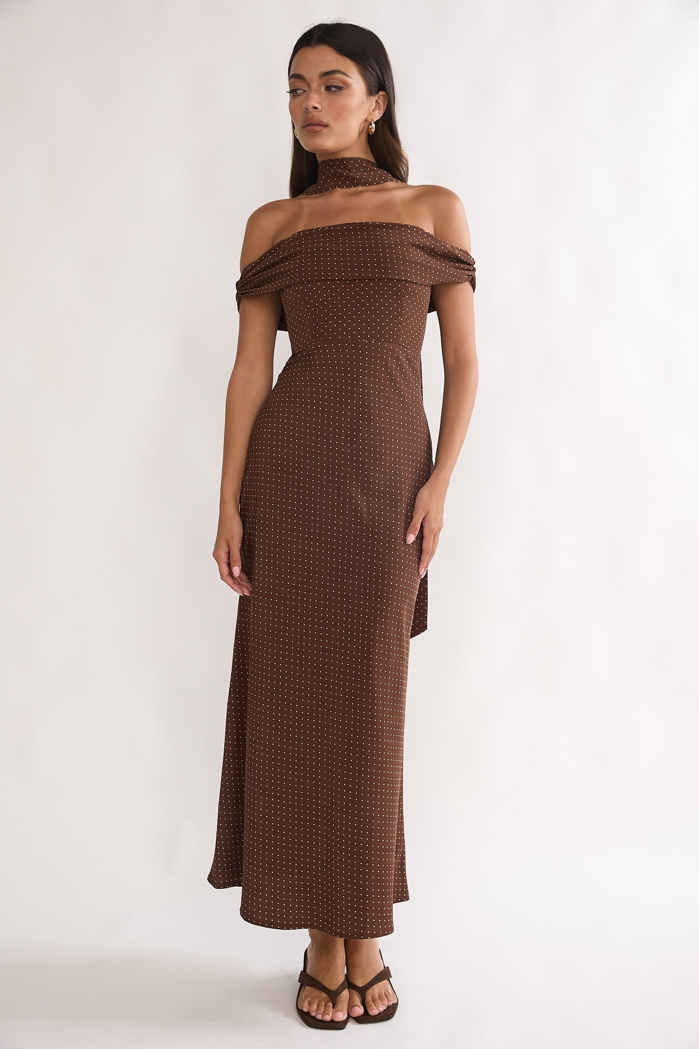 Alissa Off-Shoulder Maxi Dress Polka Dot Chocolate by Selfie Leslie Australia
