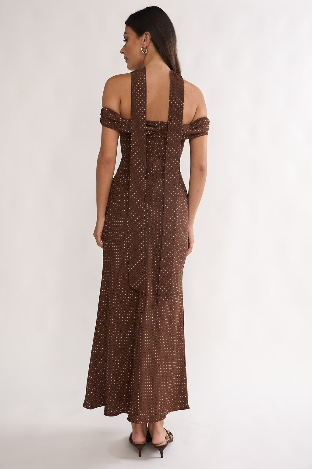 Alissa Off-Shoulder Maxi Dress Polka Dot Chocolate by Selfie Leslie Australia