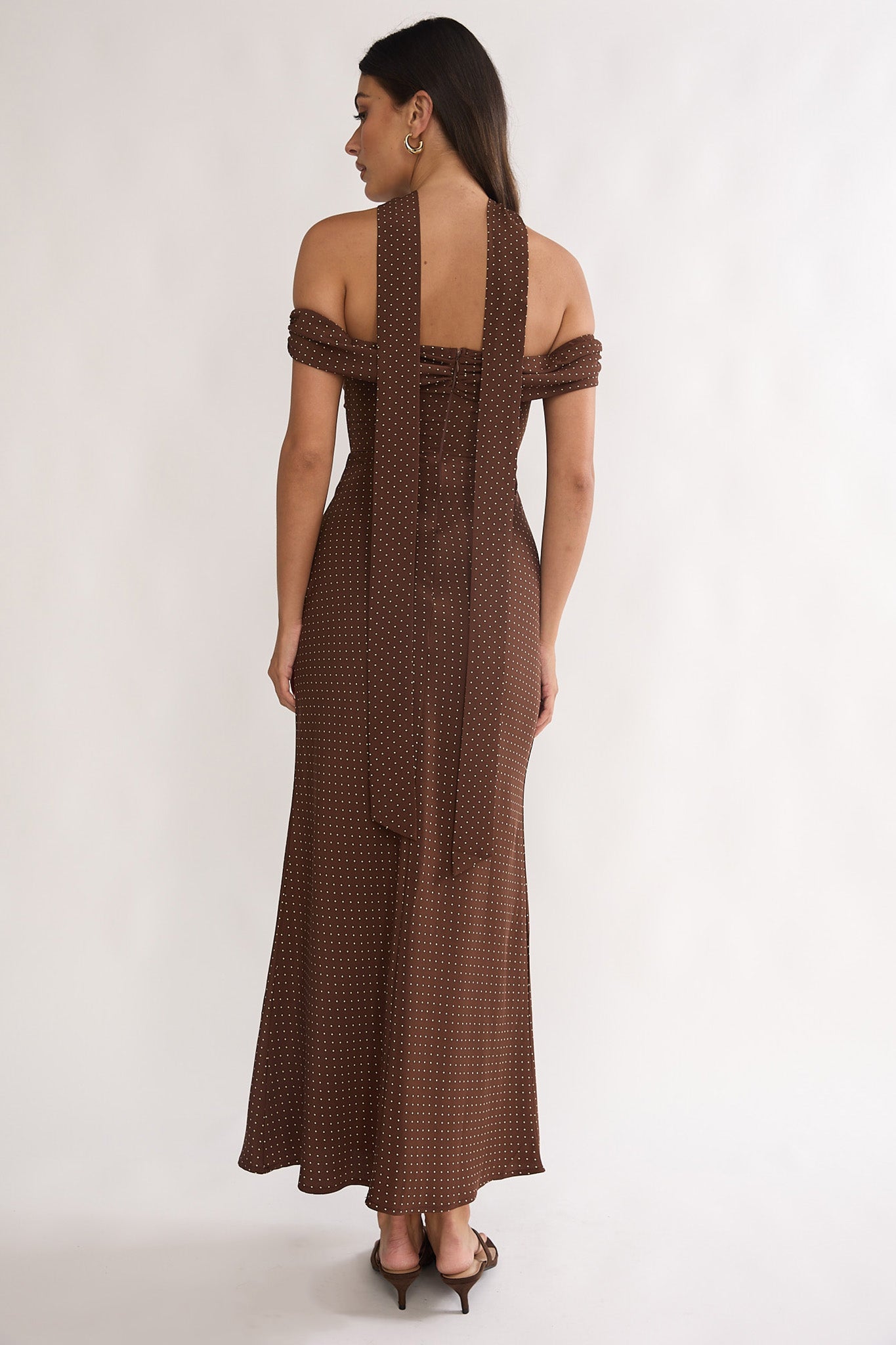 Alissa Off-Shoulder Maxi Dress Polka Dot Chocolate by Selfie Leslie Australia