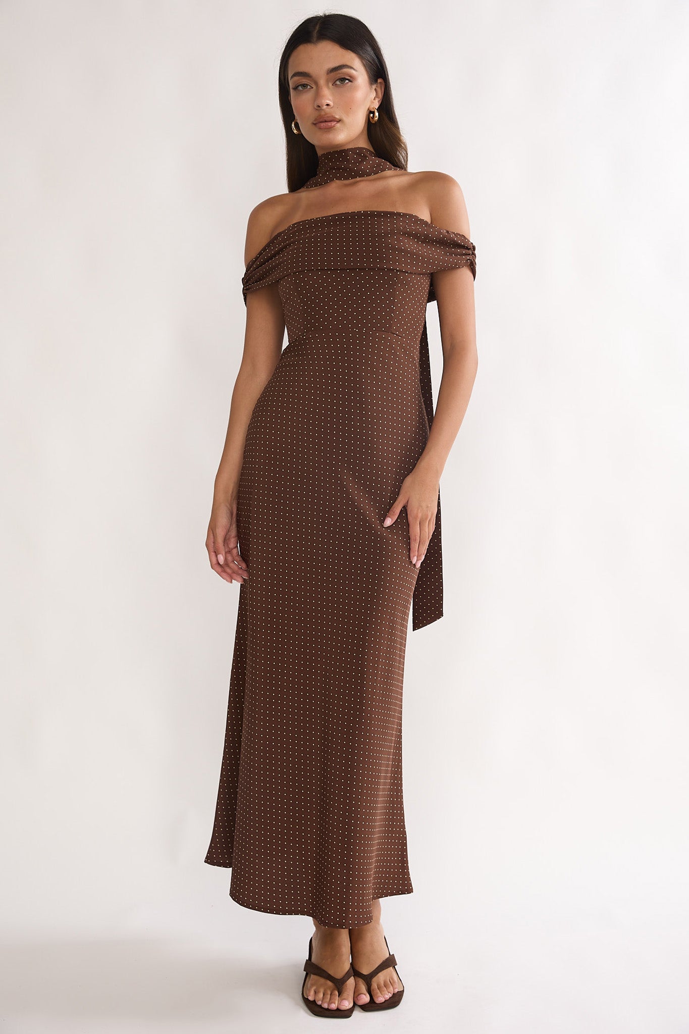 Alissa Off-Shoulder Maxi Dress Polka Dot Chocolate by Selfie Leslie Australia