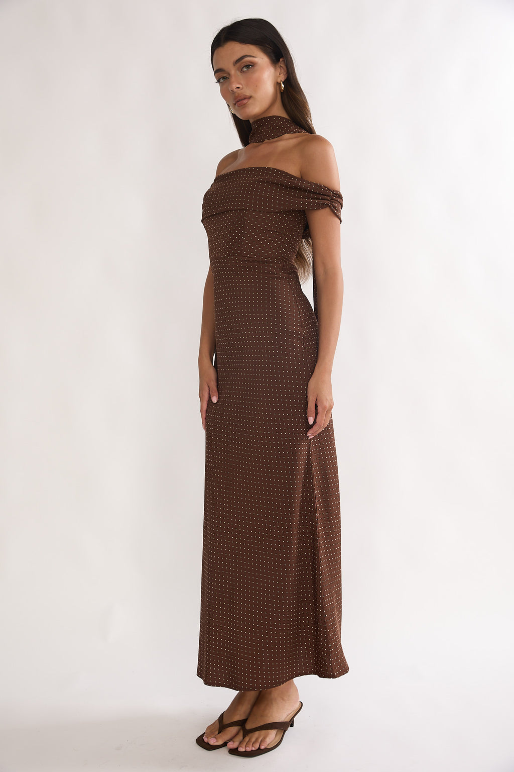 Alissa Off-Shoulder Maxi Dress Polka Dot Chocolate by Selfie Leslie Australia